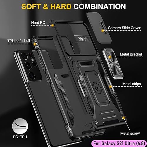 Miniatura 3 de Funda resistente para Samsung Galaxy S21 Ultra, protección híbrida de goma de doble capa de grado militar con protector de cámara deslizante,