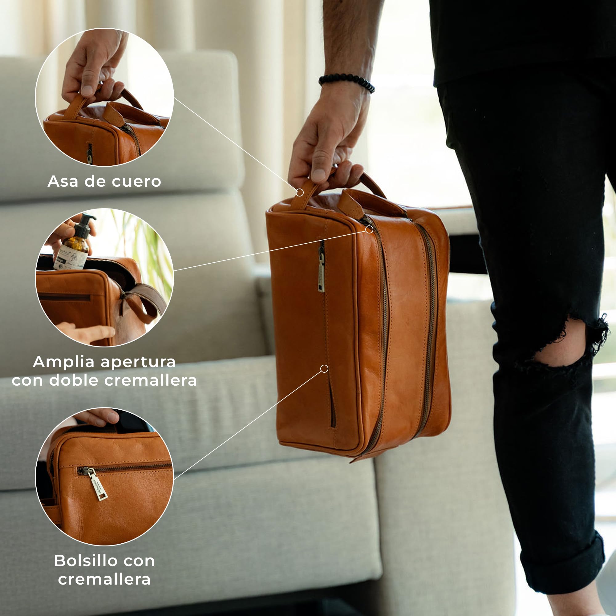 Berliner Bags Tim XL Neceser de Piel Auténtica, Gran Bolso de Aseo con Cremallera YKK, Bolsillos Interior y Exterior, Forro de Algodón y Asa de Mano – Marrón