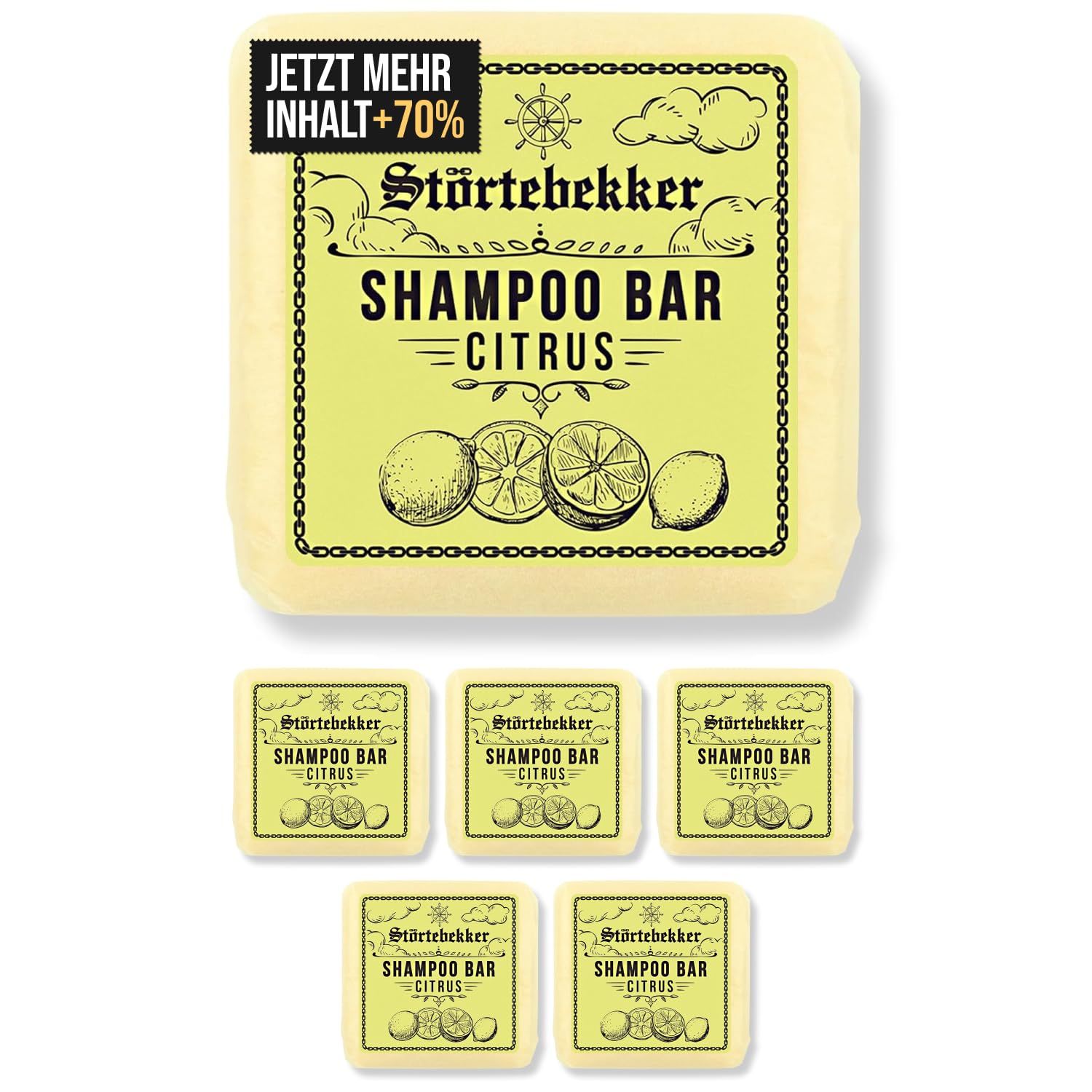 Störtebekker® Premium Shampoo Bar Citrus (6x) - Festes Shampoo Herren & Damen - 3in1 Duschseife Männer für Haare, Kopfhaut & Bart - Feuchtigkeitsshampoo - vegan, handgefertigt - 6x100g