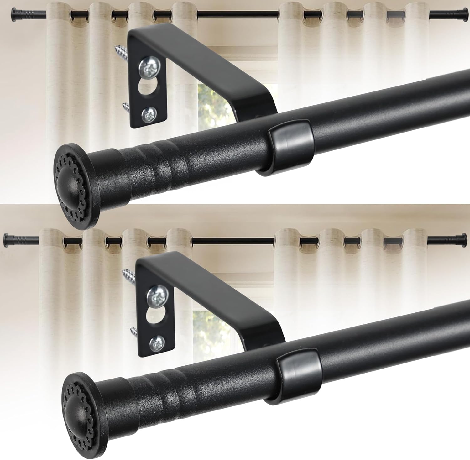 2 Pack Curtain Rods for Windows 28 to 64 Inch, 5/8 Inch Small Cafe Window Curtain Rods with Brackets in Matte Black,Adjustable Sectional Design for Lightweight Curtains in Bedroom,Kitchen,RV,Bathroom