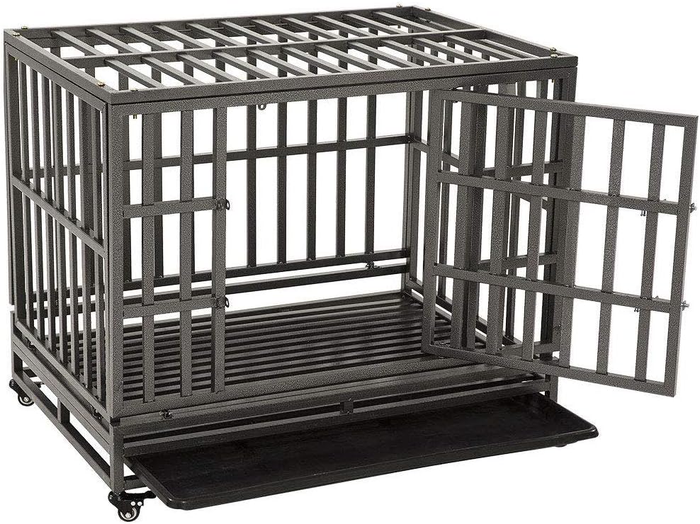 KELIXU38" Heavy Duty Dog Crate Ultra-High Hardness Enhanced Steel Pet Kennel Playpen with Two Prevent Escape Lock, Large Dogs Cage with Four Wheels, Upgraded, Black