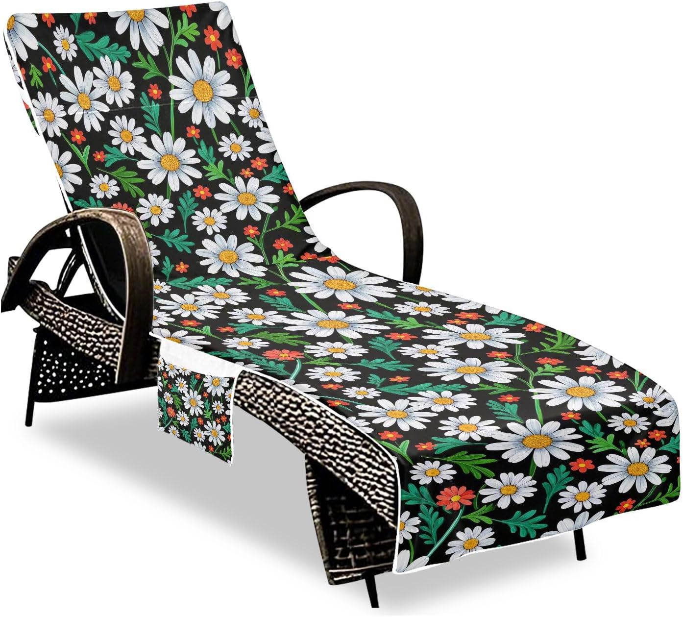 Colorful Daisy Floral Pattern Black Patio Lounge Chair Cover Soft Outdoor Chaise Lounge Cover with Pockets for Outdoor Sunbathing Trips, 85" X 30"