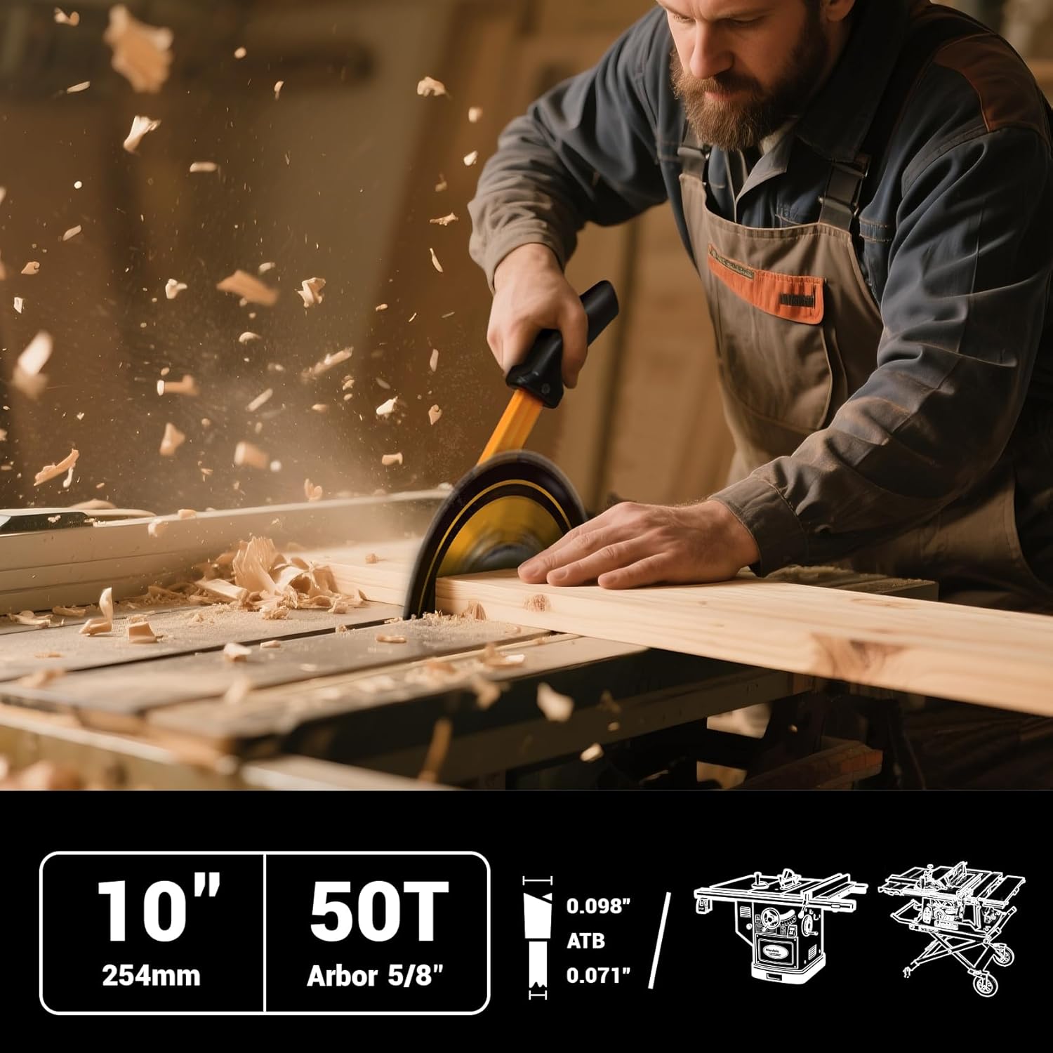 10-Inch 50-Tooth Combination Table Saw Blade, 5/8" Arbor, ATB Carbide Tipped Thin Kerf for Hardwood & Plywood, 6000 RPM Max, Non-Stick Coating for Smooth Finish Woodworking