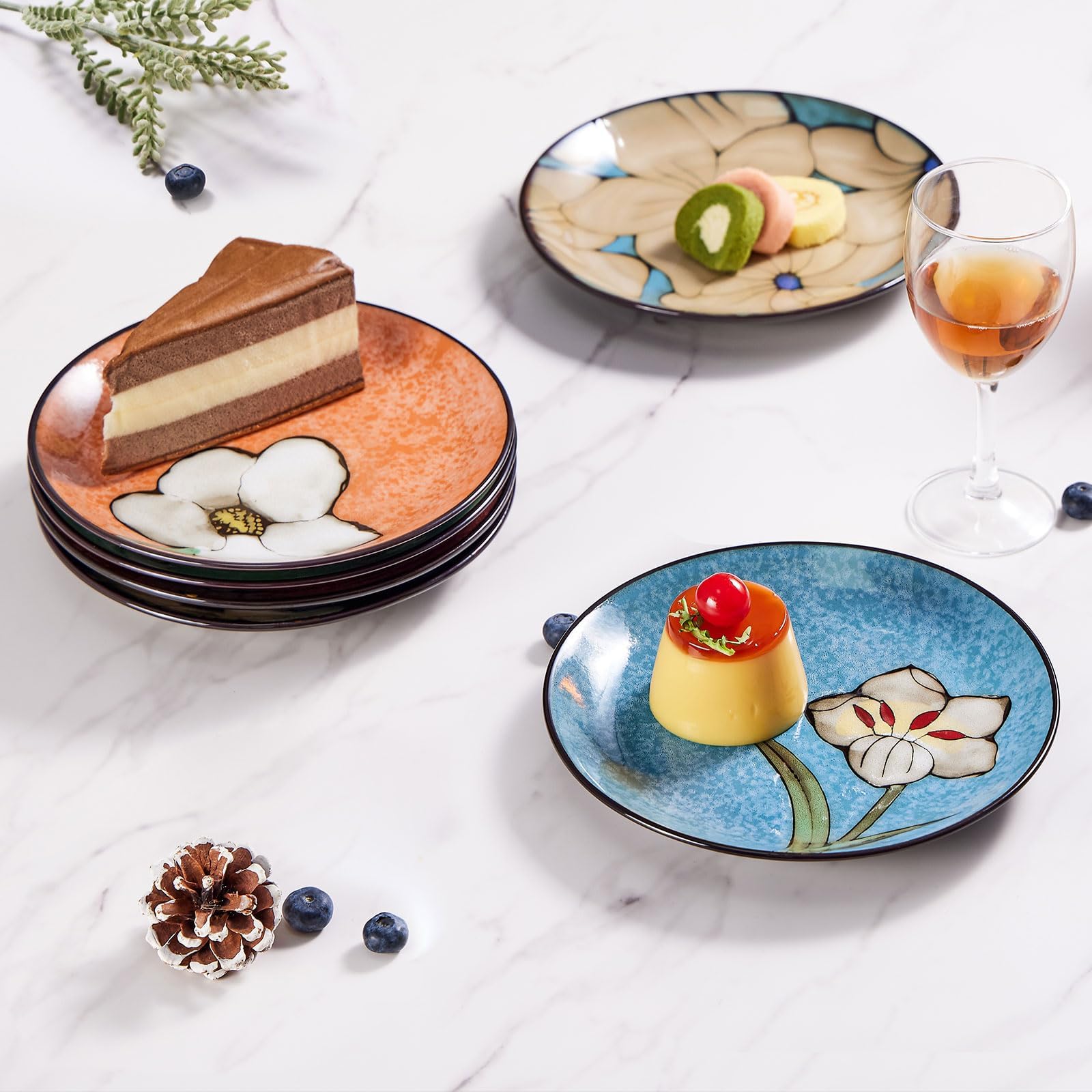 Keramik-Salatteller-Set, 21,6 cm, 6 Stück, für Steak, Salat, Nudeln, Vorspeisen, Servieren usw., spülmaschinen-, mikrowellen- und ofenfest, kratzfest, glatte Glasur (Mehrfarbig A, 21,6 cm)