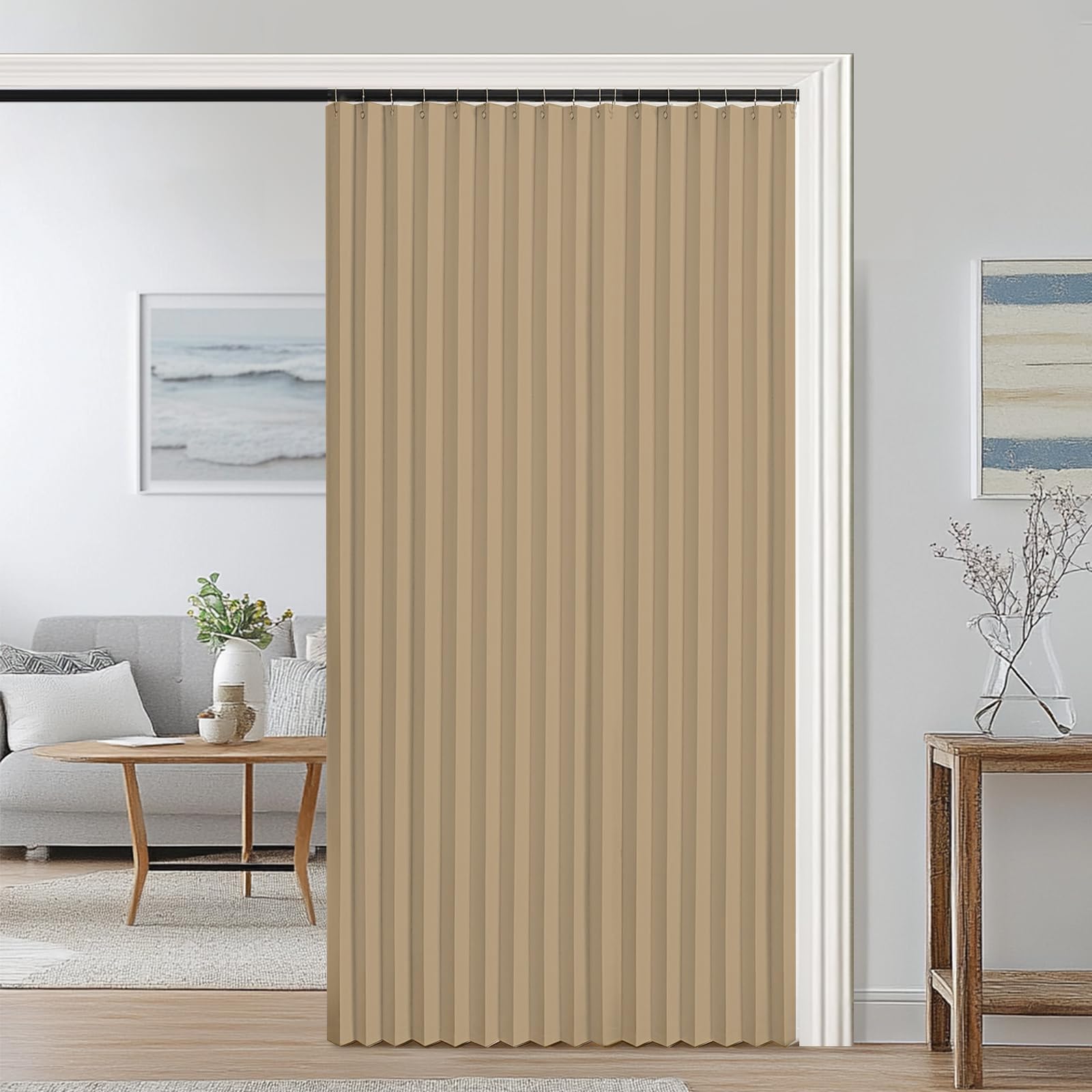 Blackout door curtain, folding invisible magnetic door curtain for bedroom, bathroom, living room and room partition-Light brown- W180xH200cm