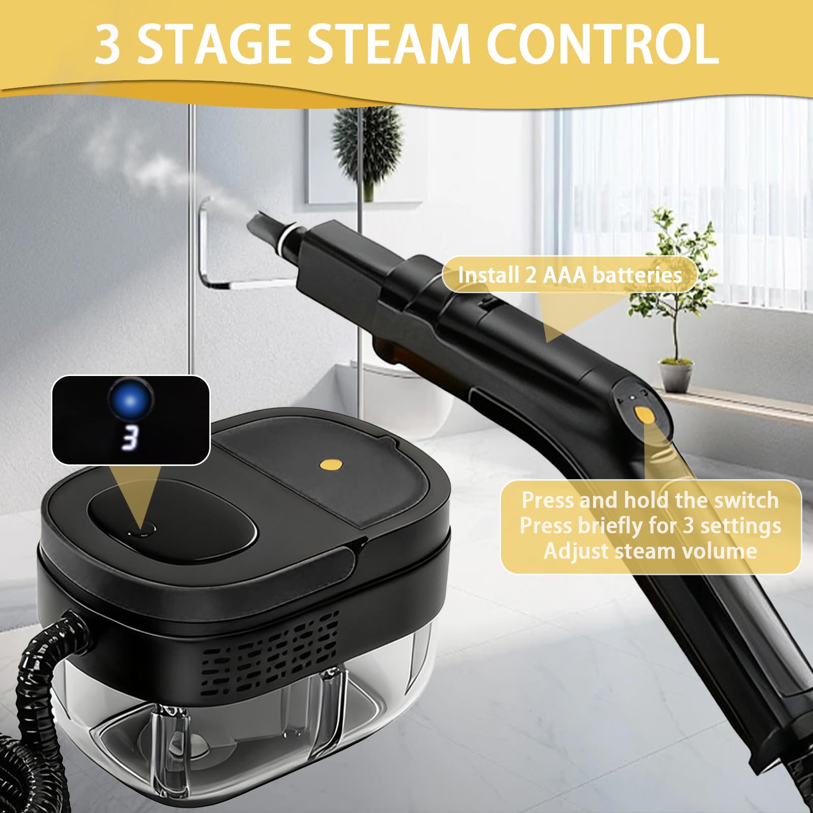 Limpiador a Vapor Portátil, 2500W Potente Limpiador a Vapor para el Hogar, 3 Velocidades Ajustables,17 Accesorios, Depósito de Agua de 1600 ml, Presión de 4 Bar, para Cocina, Ventanas, Pisos, Autos