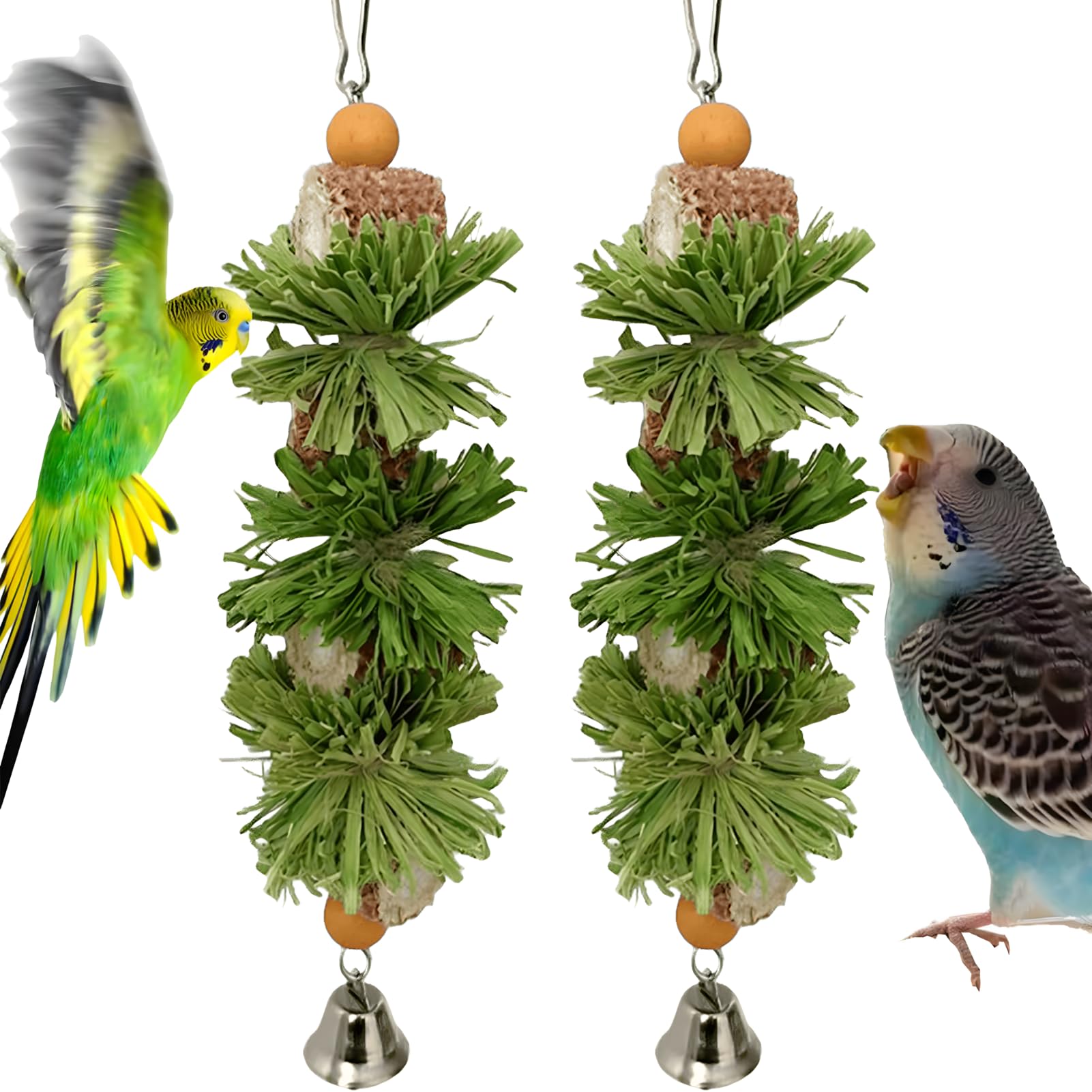 widenlise 2 Pcs Bird Toys, Bird Shredding Toys, Parrot Chewing Toys, Cockatiel Toys, Include Natural Corn Cob Bells, Hanging Foraging Shredder Toy for Parakeets Budgies, Conures, Finches (Green) — image 1