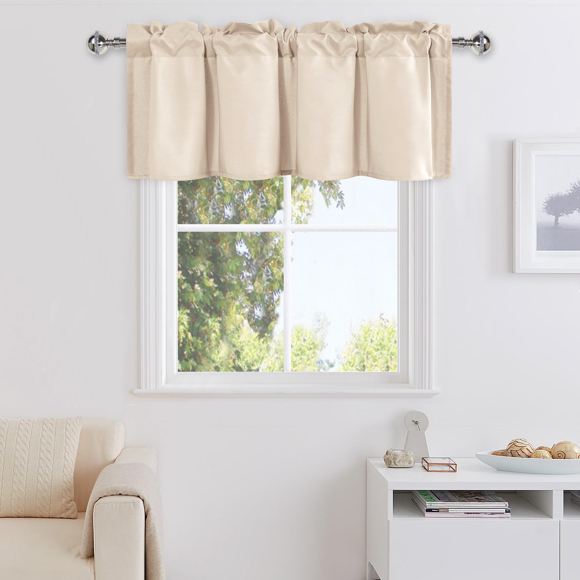 Rideau cantonnière passe-tringle beige court 106x45 pour fenêtre cuisine salle de bain