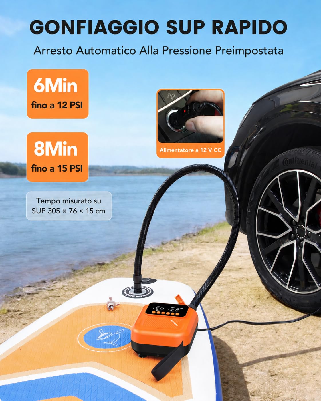 Pompa Elettrica SUP 20 PSI 12V per Auto con Spegnimento Automatico e Display Digitale, Pompa Inflazione e Deflazione con 7 Ugelli per Kayak, Materassini, Gommoni e Tende