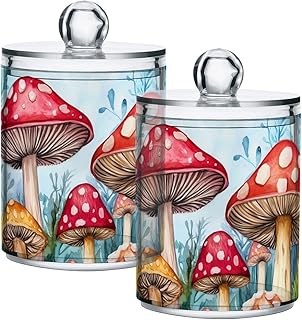Fustylead 2 Pack Watercolor Colorful Mushrooms in Forest Plastic Apothecary Jar Set for Bathroom Storage, Qtip Holder Dispensers for Cotton Ball, Swab, Round Pads, Floss