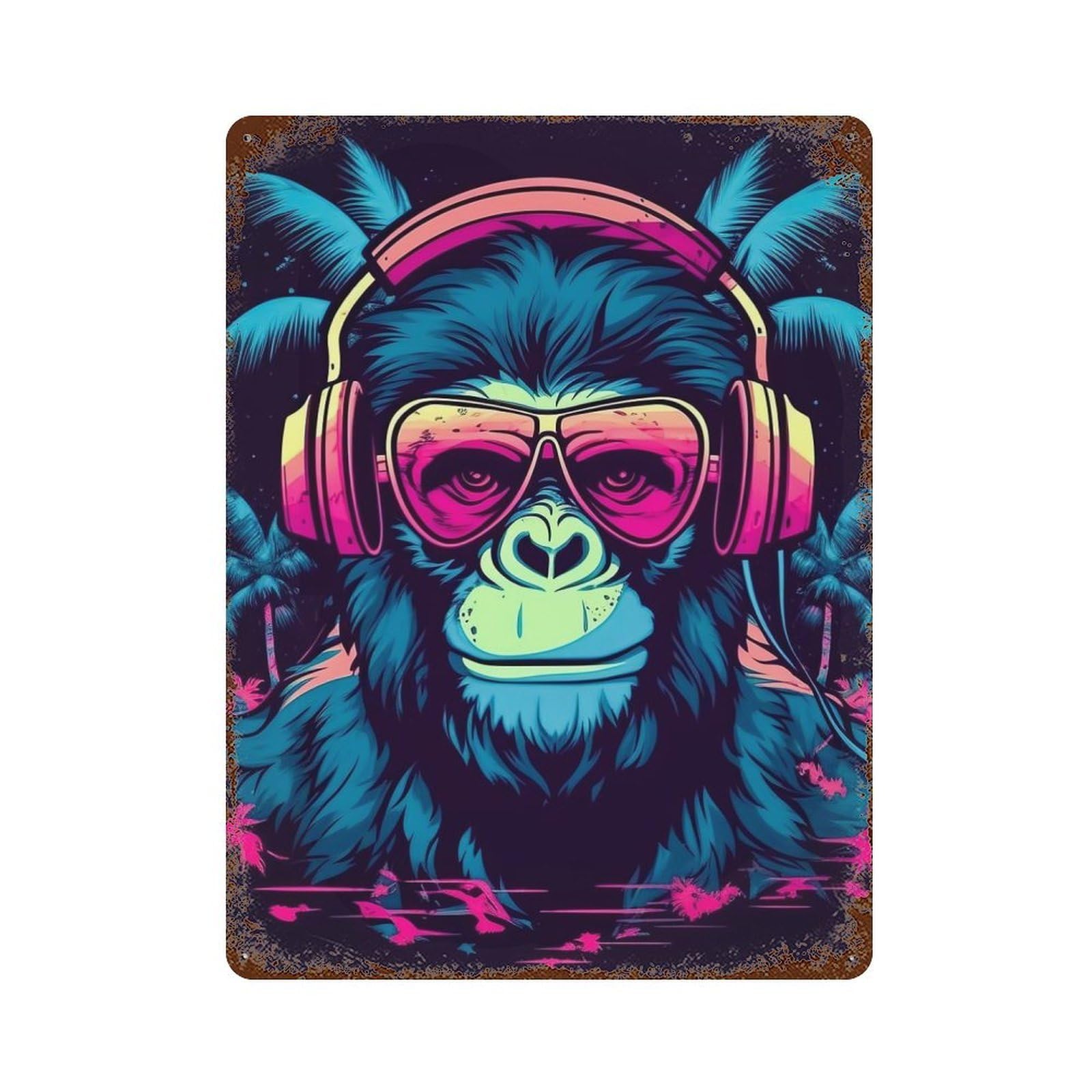 Retro Metal Sign Monkey Dj Music 15.7"x11.8", Decorative Metal Wall Art for Pub, Kitchen And Man Cave Decor