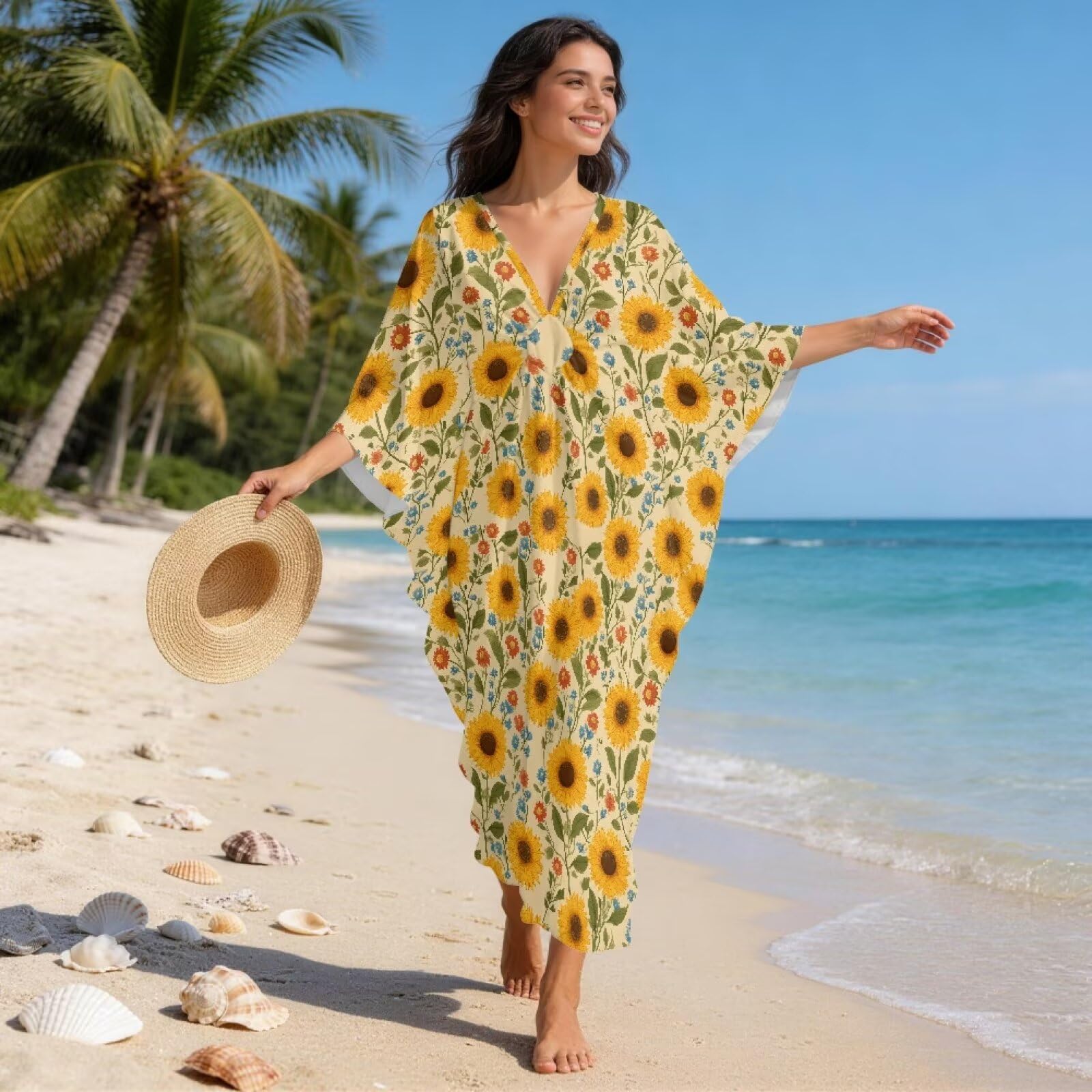 Xoenoiee Damskie sukienki kaftanowe kaftan plus size rękaw nietoperz strój kąpielowy okrycie dekolt w serek letnia sukienka plażowa