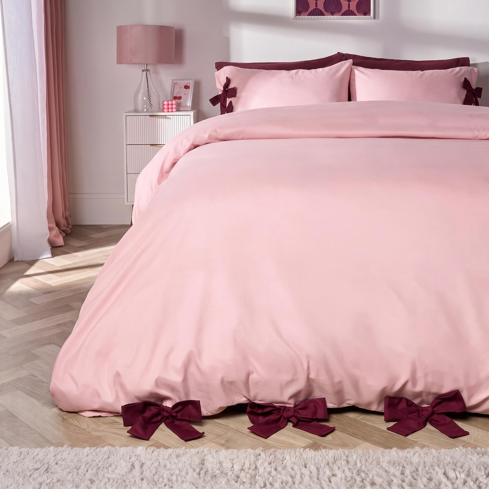 OHS King Size Duvet Cover Sets with Bow Tie Quilt Cover, Blush/Burgundy