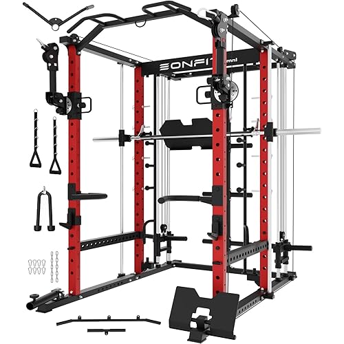 Eonfit E5 Smith Machine with Vertical Leg Press, Power Cage Squat Rack with LAT-Pull Down Cable Crossover Rotating Arms System Home Gym Equipment All in One (E5 RED)