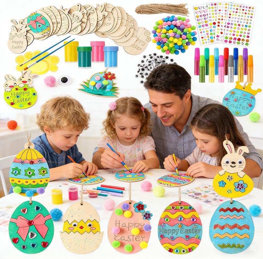 40Pcs Easter Wooden Ornaments Craft Kit – DIY Wood Eggs Paint Your Own Set with Gems, Glitter, Eyes – Fun Holiday Activity for Kids, Classroom, Party Favors