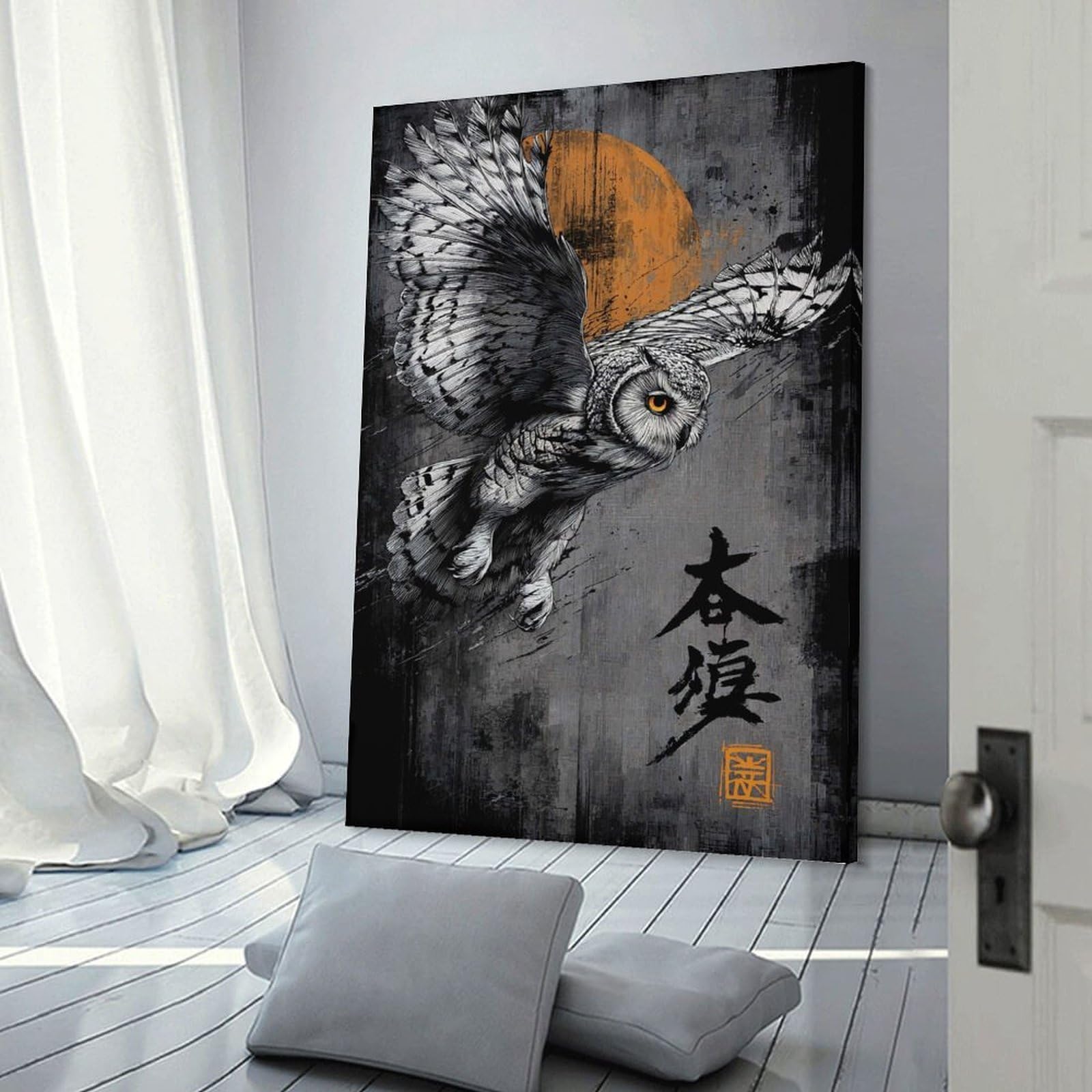 Junmoney Frame-Style-9 Owl In Flight With Japanese Text Home Decor Wall Art 12X18inch(30X45cm), For Bedroom, Guest Room Or Reading Nook, Decorative Wall Art For Cosy Rooms