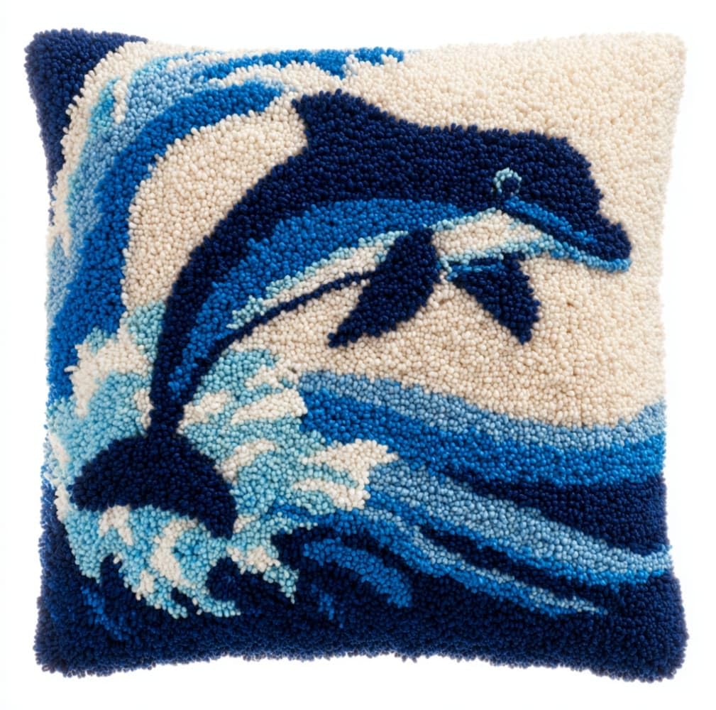 AxiangziK Latch Hook Pillow Kit for Adults,Cute Dolphins Latch Hook Cushion Kits 17X17Inch,DIY Needlework Pillow Cover Sofa Cushion Rug Making
