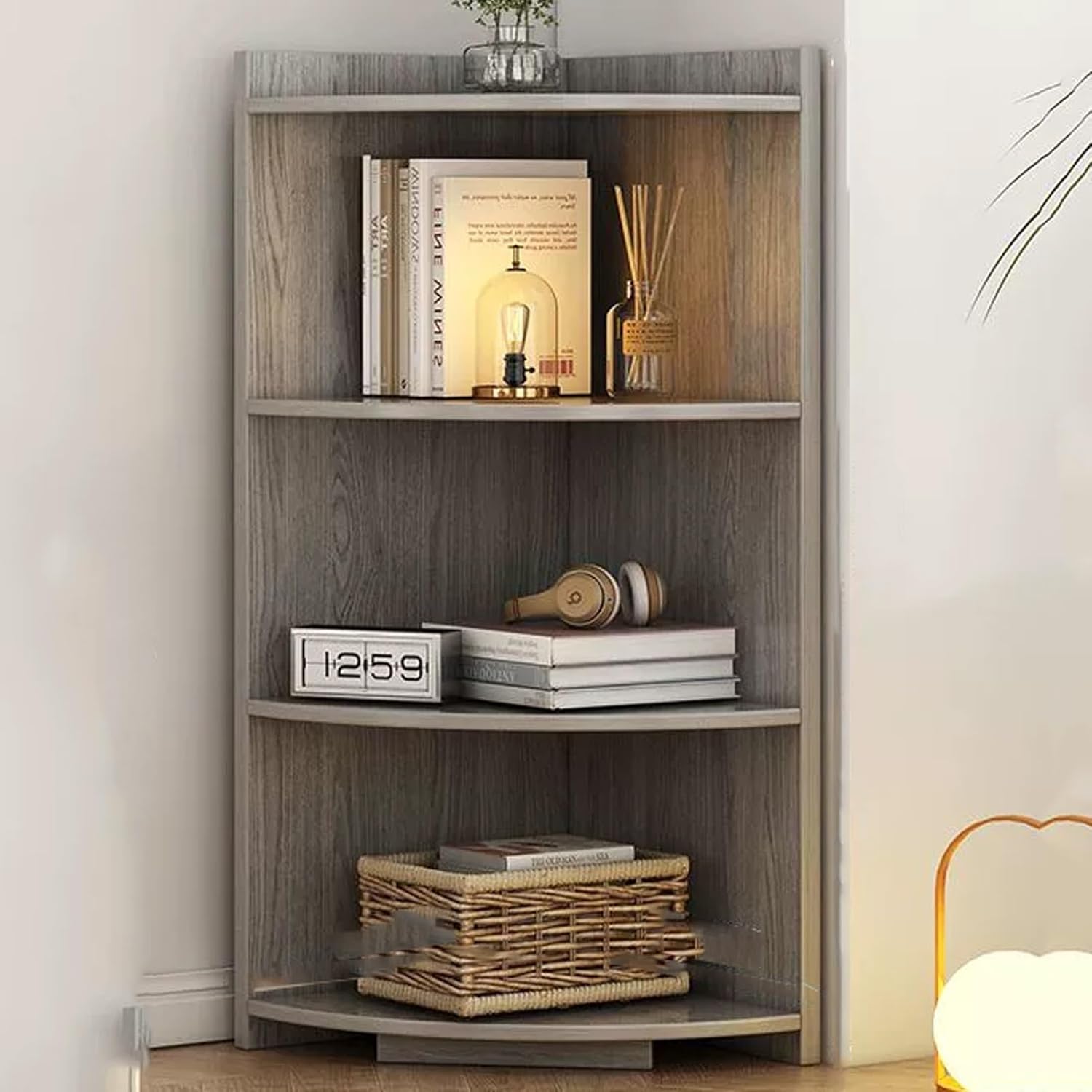 4-Tier Corner Shelf - Space-Saving MDF Bookcase with Vintage Laminate for Living Room & Home Office - 90° Angle Multi-Purpose Display Shelf (Gray, 30cm)