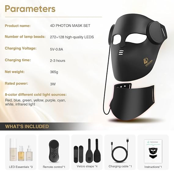 4D Contour-Fit LED Light Therapy Mask for Face & Neck, Red Light Therapy Mask with 7 Colors & NIR Light, Rechargeable Cordless Facial Mask for At-Home Skincare, Black