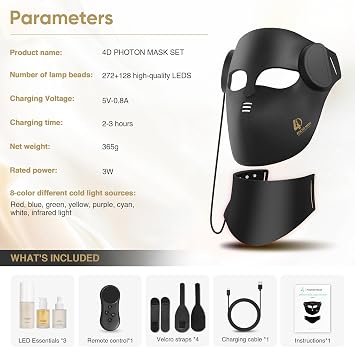 4D Contour-Fit LED Light Therapy Mask for Face & Neck, Red Light Therapy Mask with 7 Colors & NIR Light, Rechargeable Cordless Facial Mask for At-Home Skincare, Black