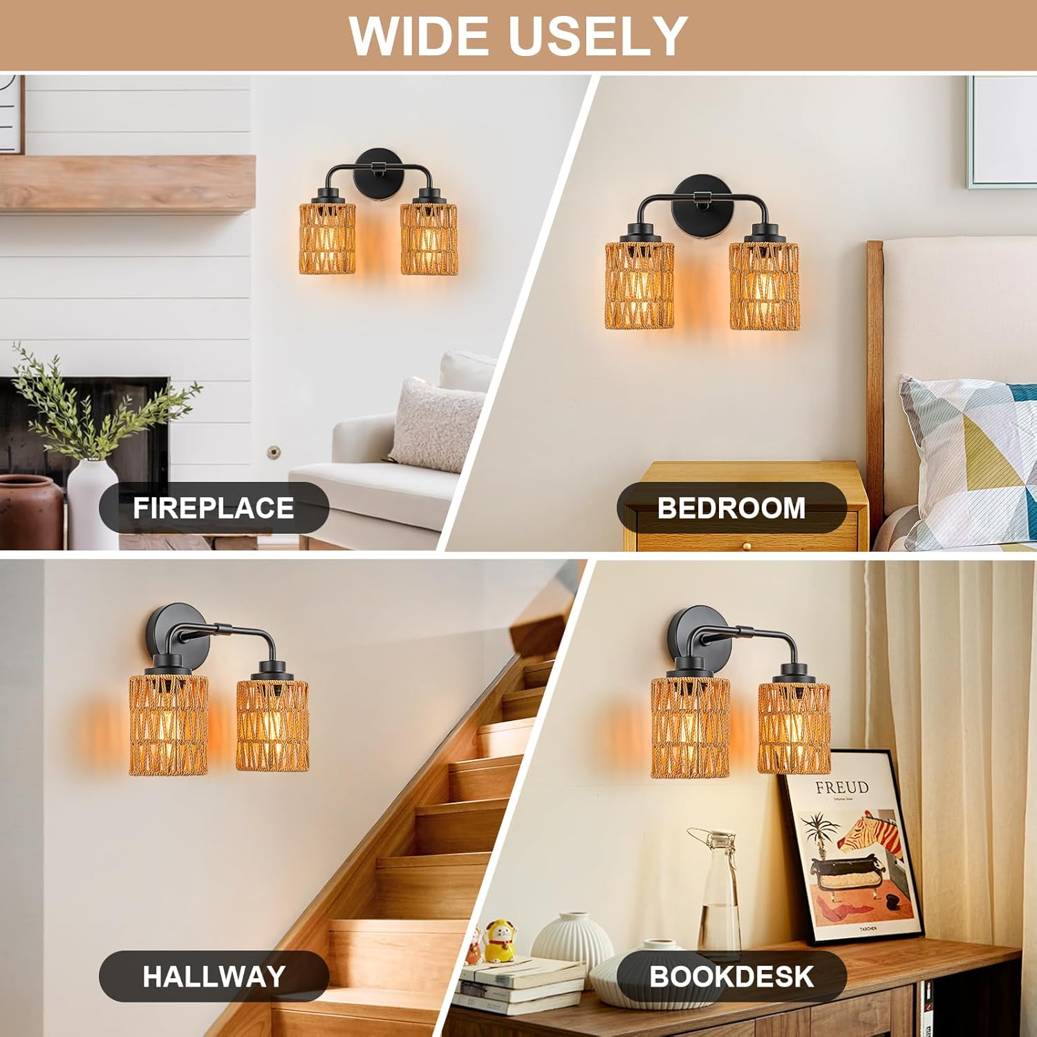 Bathroom Light Fixtures, Rustic 2-Light Vanity Lights Over Mirror Farmhouse Wall Mounted Light Natural Style Wall Lamp Boho Lighting Fixture Rattan Wall Sconce for Bedroom