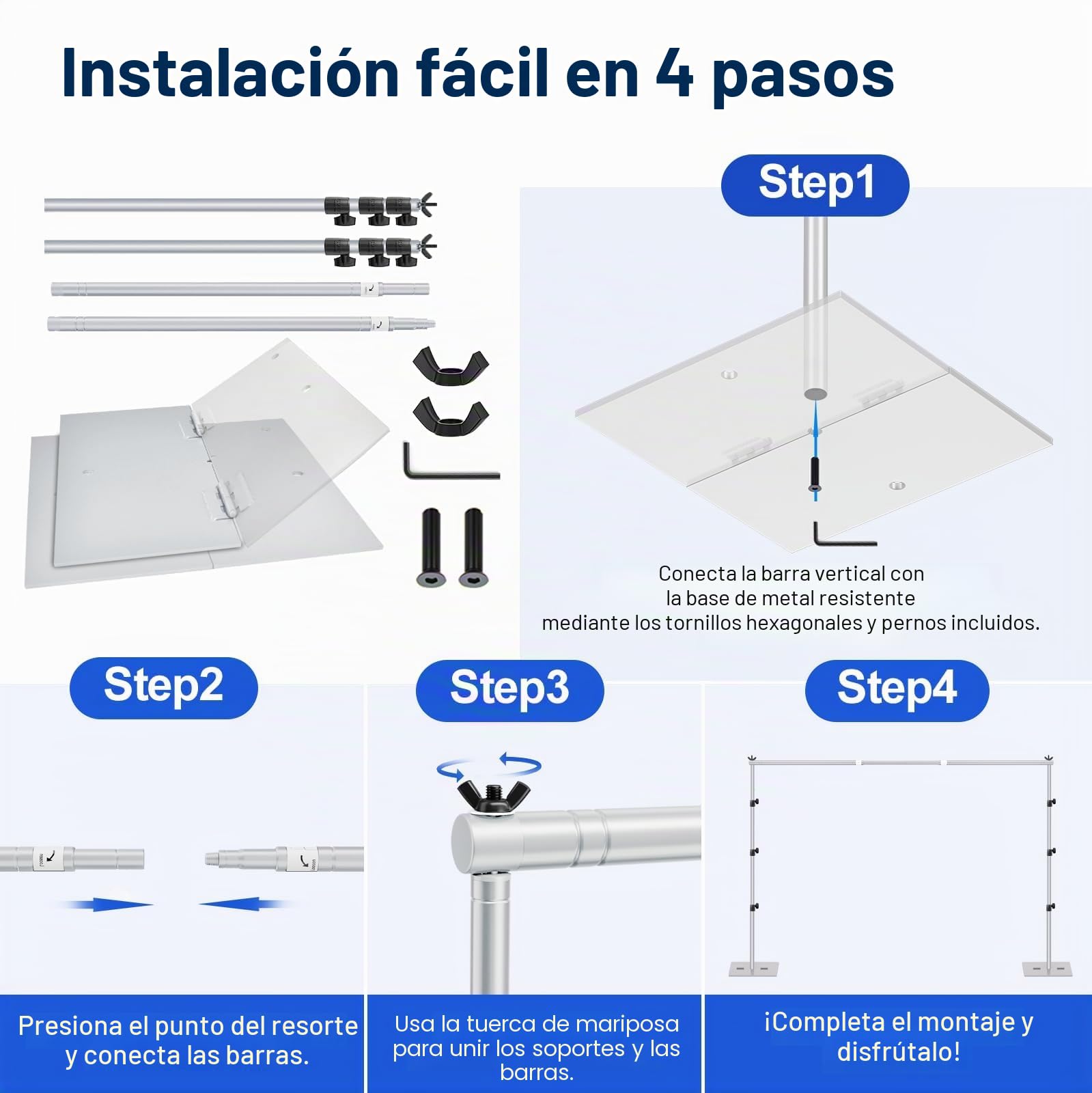 EMART Soporte para Fondo, Soporte Fondo Fotográfico de 2,6 x 3 m Ajustable con Base de Acero, Decoraciones para Fiestas de Retratos en Estudios de Fotografía y Vídeo-Plata