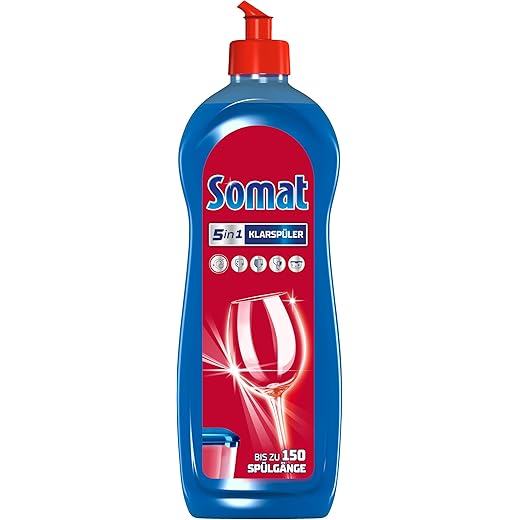 SOMAT 5-in-1 rinse aid (750 ml), detergent additive for quick drying, rinse aid for dishwasher gives brilliant shine on glasses, dishes and in the machine, up to 150 washes