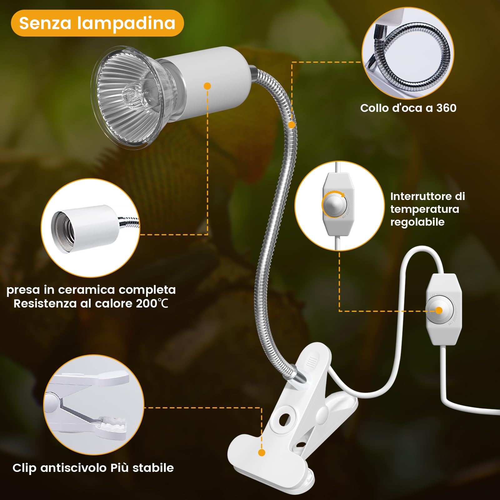 Pet Tribe Portalampada E27 Ceramica con Interruttore e Pinza per rettili supporto universale per lampada riscaldante, UVB, Spot e Infrarossi Braccio Flessibile 360° per Terrario e Acquaterrario Pet Tribe Portalampada E27 Ceramica con Interruttore e Pinza per rettili supporto universale per lampada riscaldante, UVB, Spot e Infrarossi Braccio Flessibile 360° per Terrario e Acquaterrario
