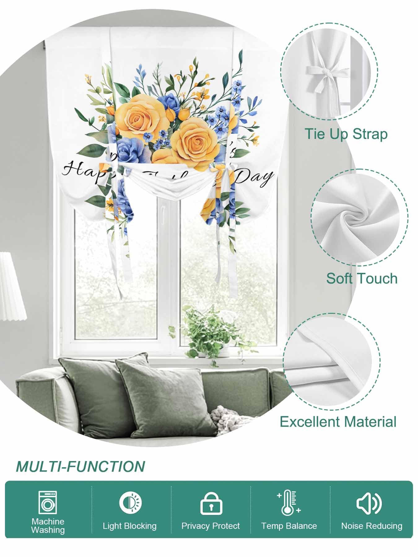 Tie Up Curtains for Windows Happy Father's Day Roman Shade 42 x 63 Inch Bathroom Curtains Window Floral Eucalyptus Leaves Botanical Rod Pocket Short Balloon Curtains for Living Room Kitchen Blinds
