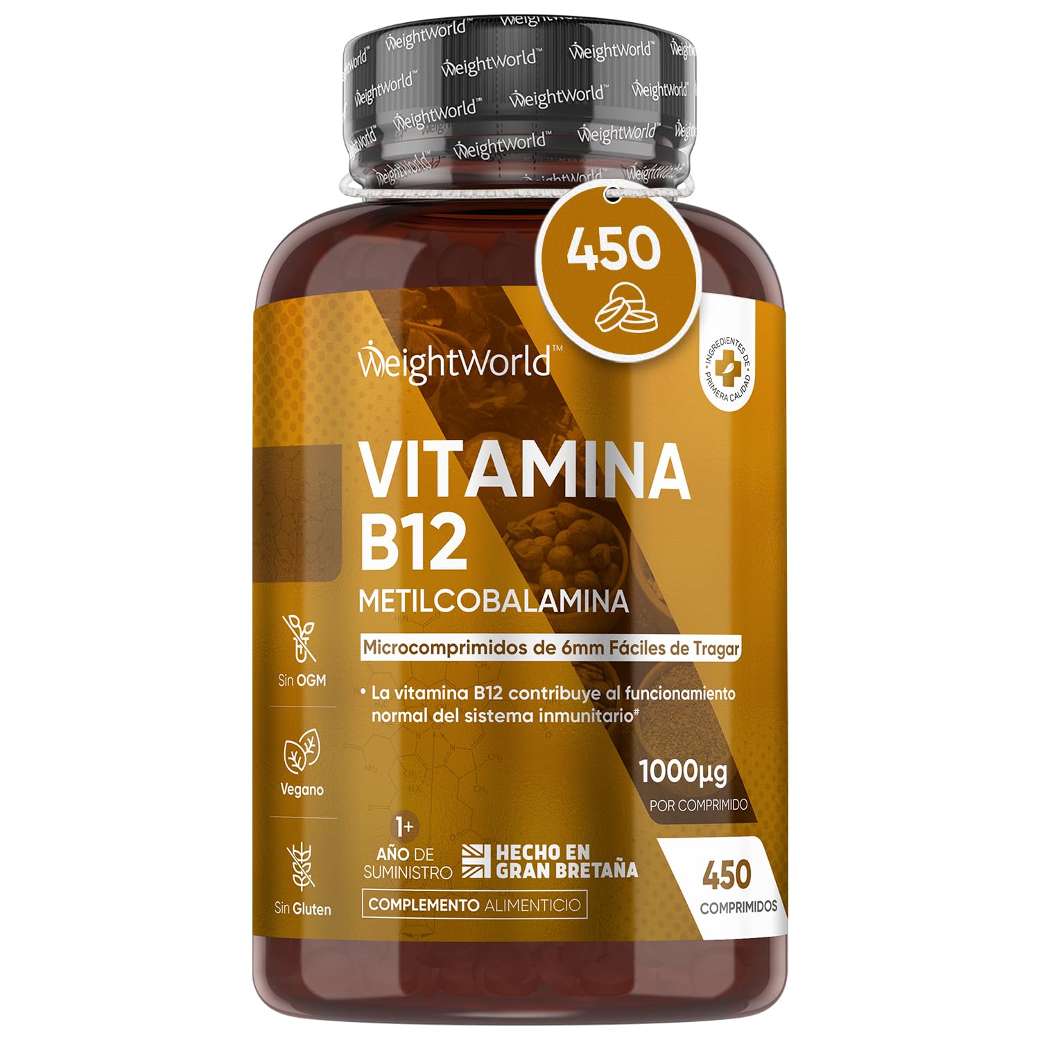 Vitamina B12 1000mcg 450 Comprimidos Veganos, Más de 1 Año de Suministro - Reduce Cansancio y Fatiga, Contribuye al Funcionamiento Normal del Sistema Inmunológico, Metilcobalamina B12 100% Pura