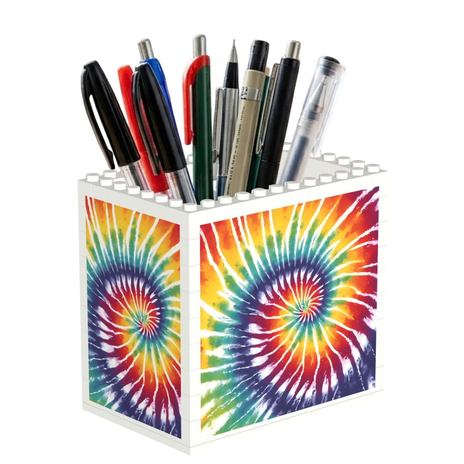 ESNAIUVCD Tie Dye Rainbow Print Building Block Pen Holder - Pencil Holder For Desk/Classroom,Desk Accessories, Multifunctional Office Supplies Pen Organizer Pencil Cups(1pcs)