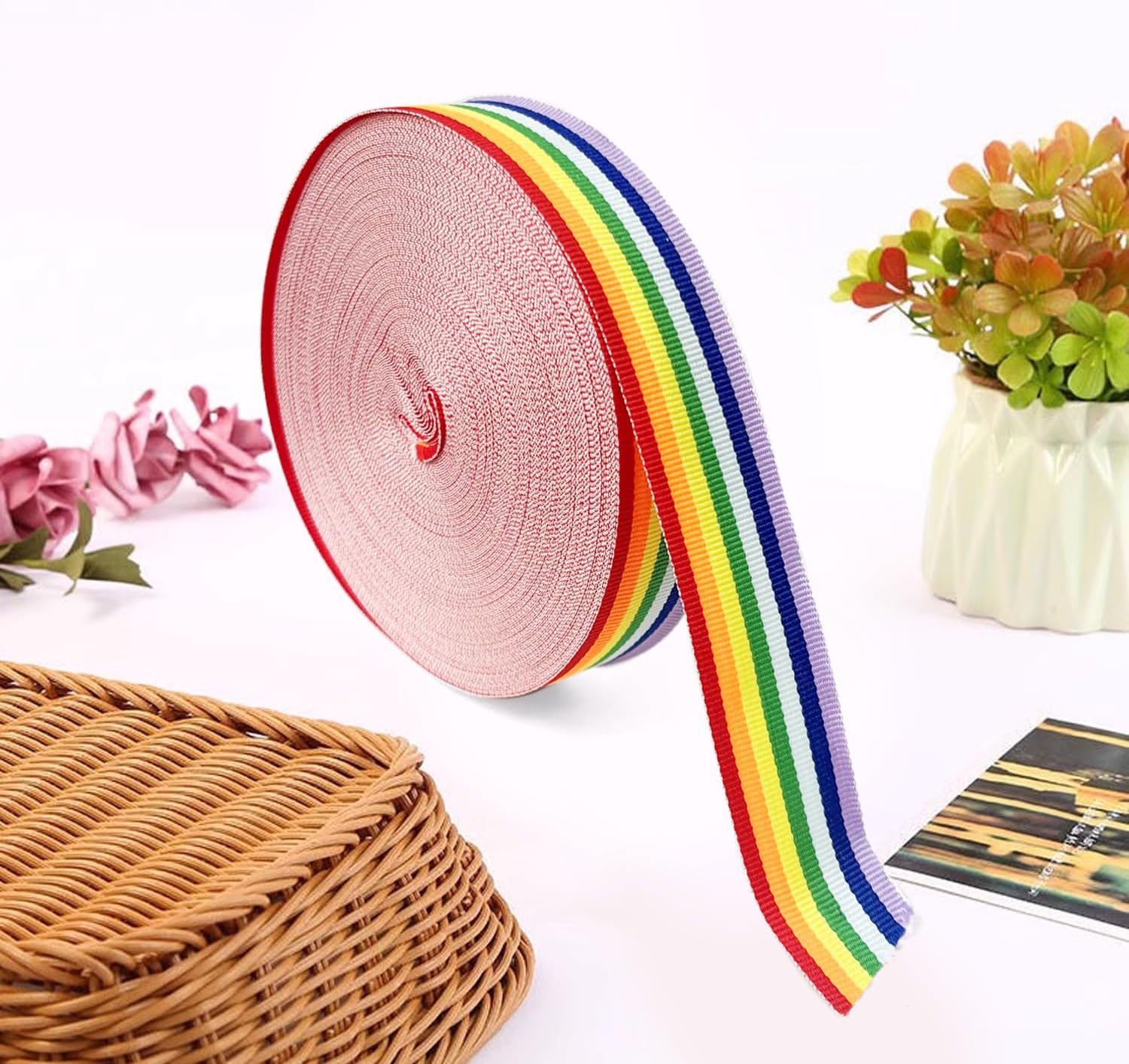 25 Yards Rainbow Ribbon, 2.5cm Wide Double Sided Rainbow Stripe Ribbon, Pride Ribbon, Grosgrain Ribbon, Rainbow Decorative Ribbon for Gift Wrapping, DIY Craft Making, Party Decoration