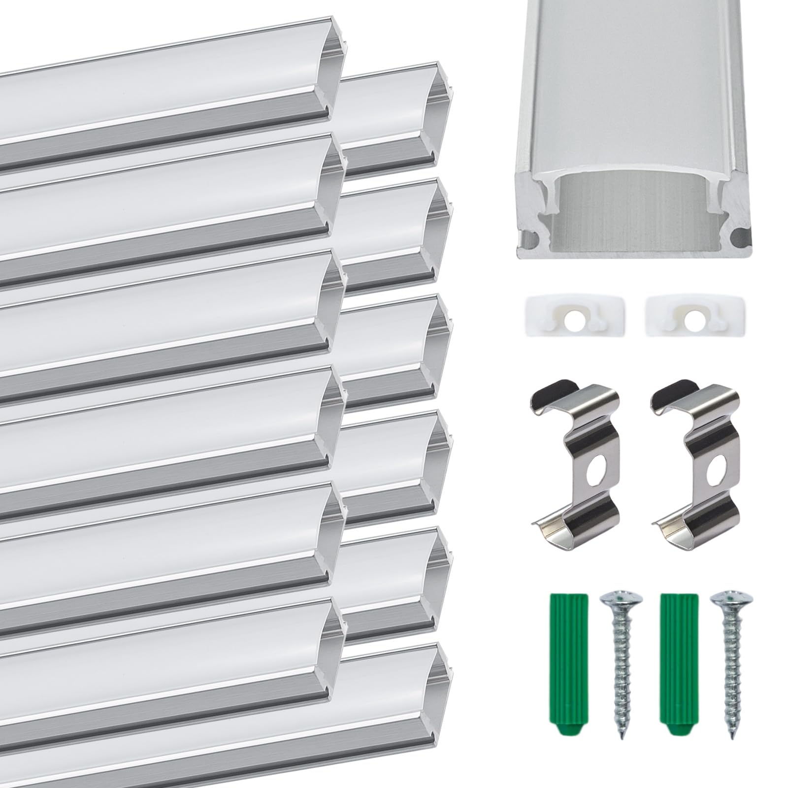 Sunnynest Milky + Sliver 12 Pack U Shape Led Aluminum Profile For Led Strips, 1Meter/3.3Ft Aluminum Channel With Milky White Cover, Led Track Diffusers With Leds Diffuser Cover, End Caps & Mounting Clips