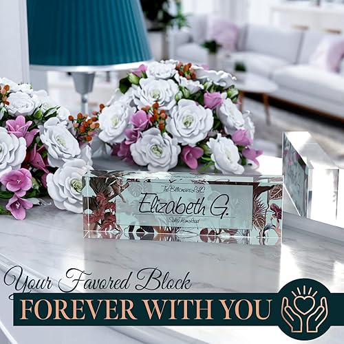 Miniatura 5 de Placa de nombre personalizada para escritorio, 2x8 pulgadas, acrílico transparente grueso, caja de regalo, decoración de escritorio de oficina.