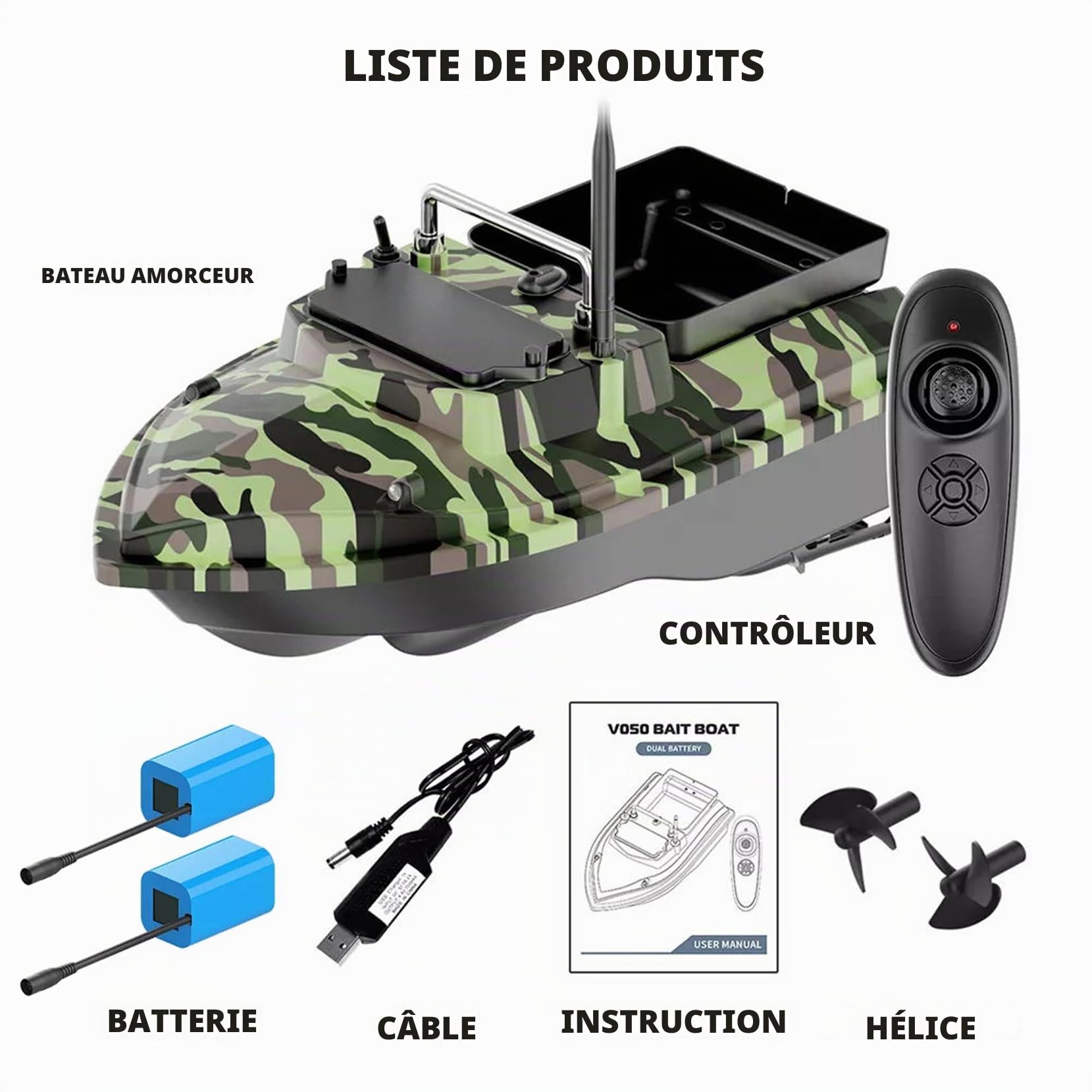 Bateau-appât Télécommandé RC - 500 m Charge de 2 kg Appât de pêche pour Pêche de Carpe en Lac - Vert