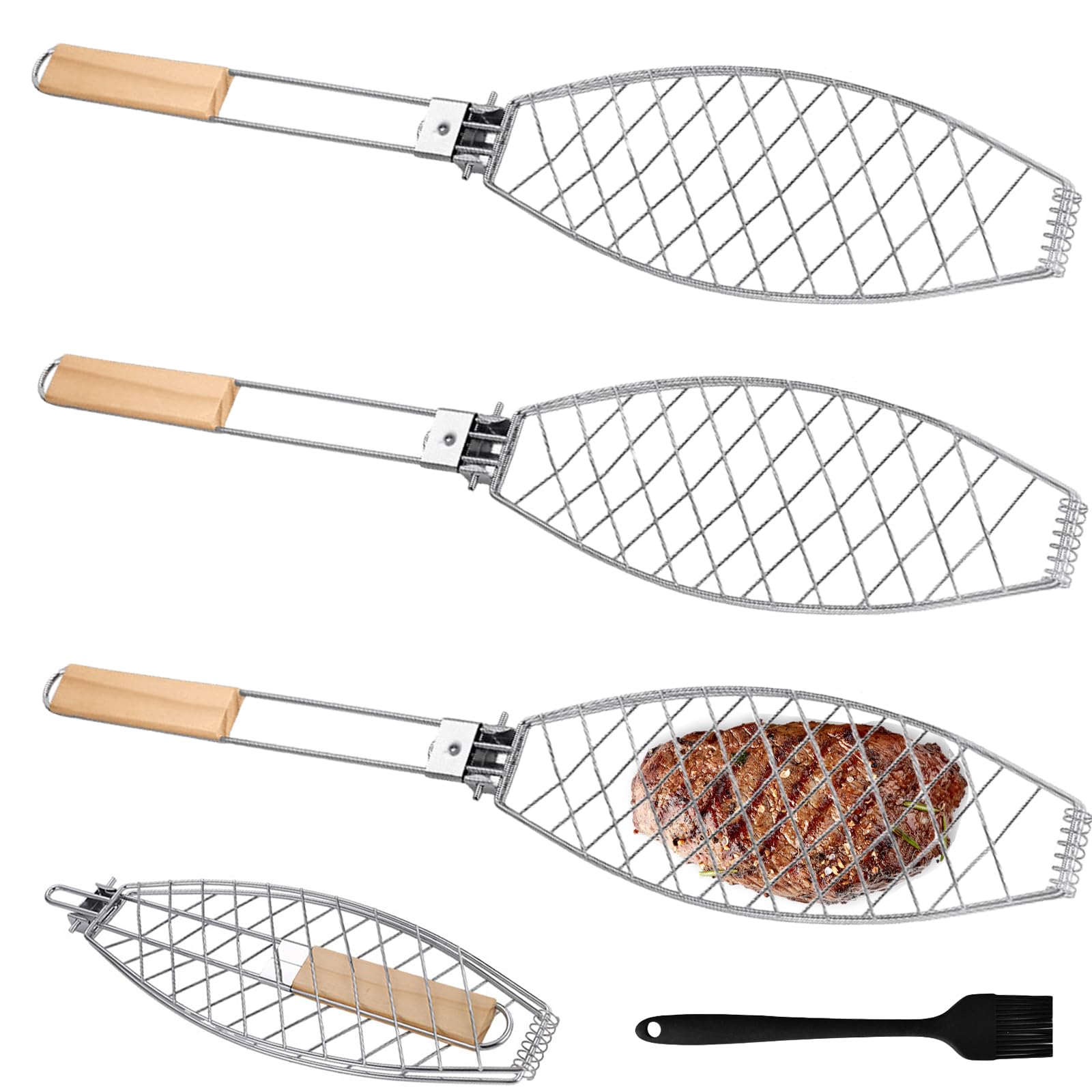 3er-Set Fisch Grillhalter mit Holzgriff, 63x12cm Große Fischbräter Fischgriller mit Griff aus Metall, Fischhalter Fischwender Grillfisch Rack Fischgrillzange Fischkorb für Grill und BBQ