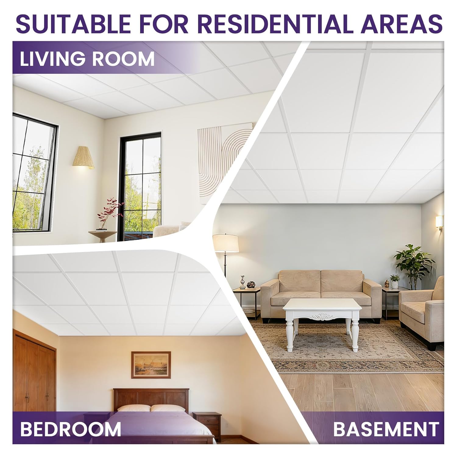 2x4FT White Ceiling Tiles, 24x48 Inch 6 PCS PVC Waterproof Smooth Drop Ceiling Panels Fire-Rated Reusable Ideal for Bedroom Living Room Basement Bathroom Commercial Space Cover 48 Sq.Ft