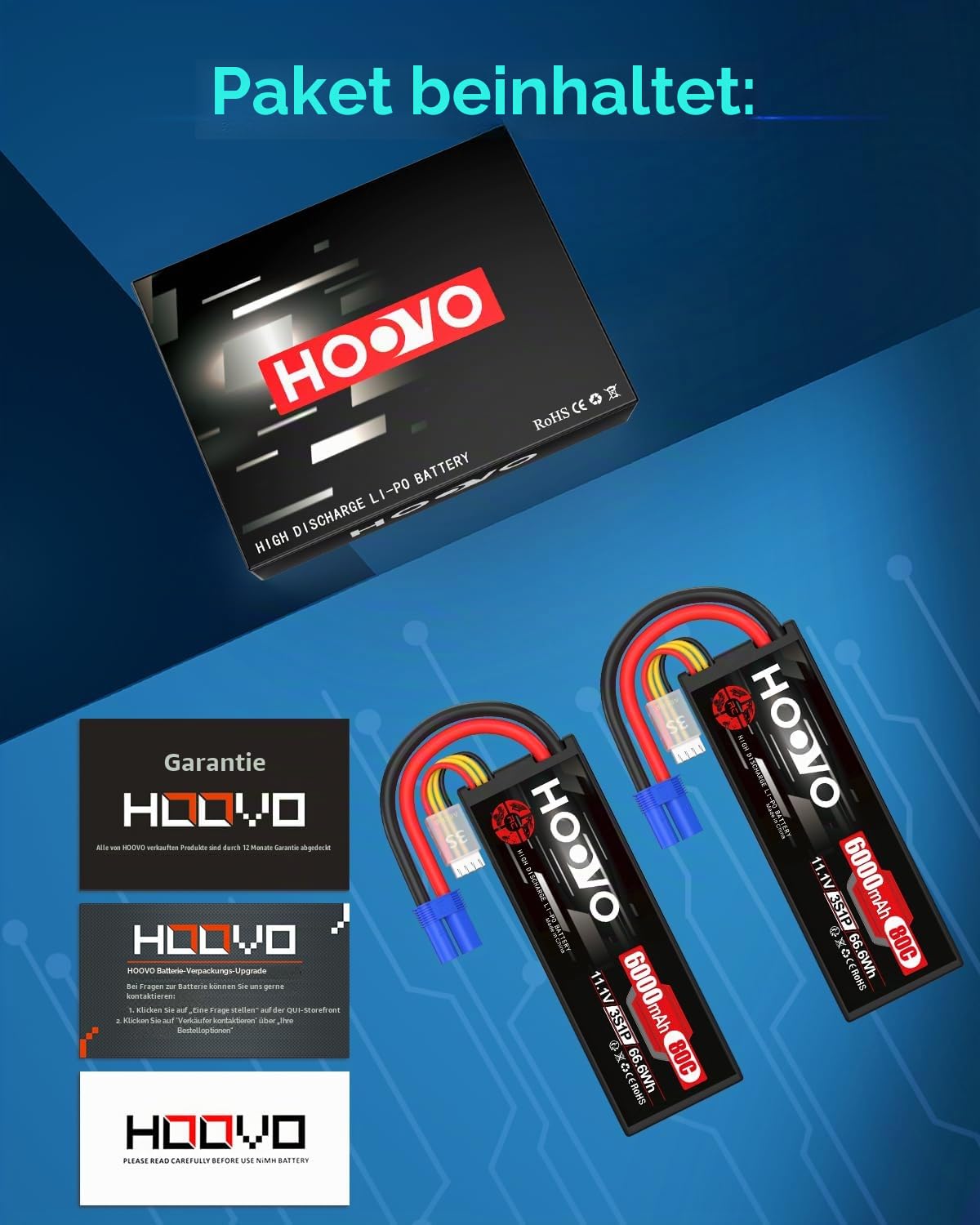 3S Lipo Akku 11.1V 6000mAh 80C Hard Case Lipo Batterien RC Battery mit EC5 Anschlussstecker HOOVO für RC 1/8 1/10 Scale Fahrzeuge Auto LKW Boote (2 Stück)