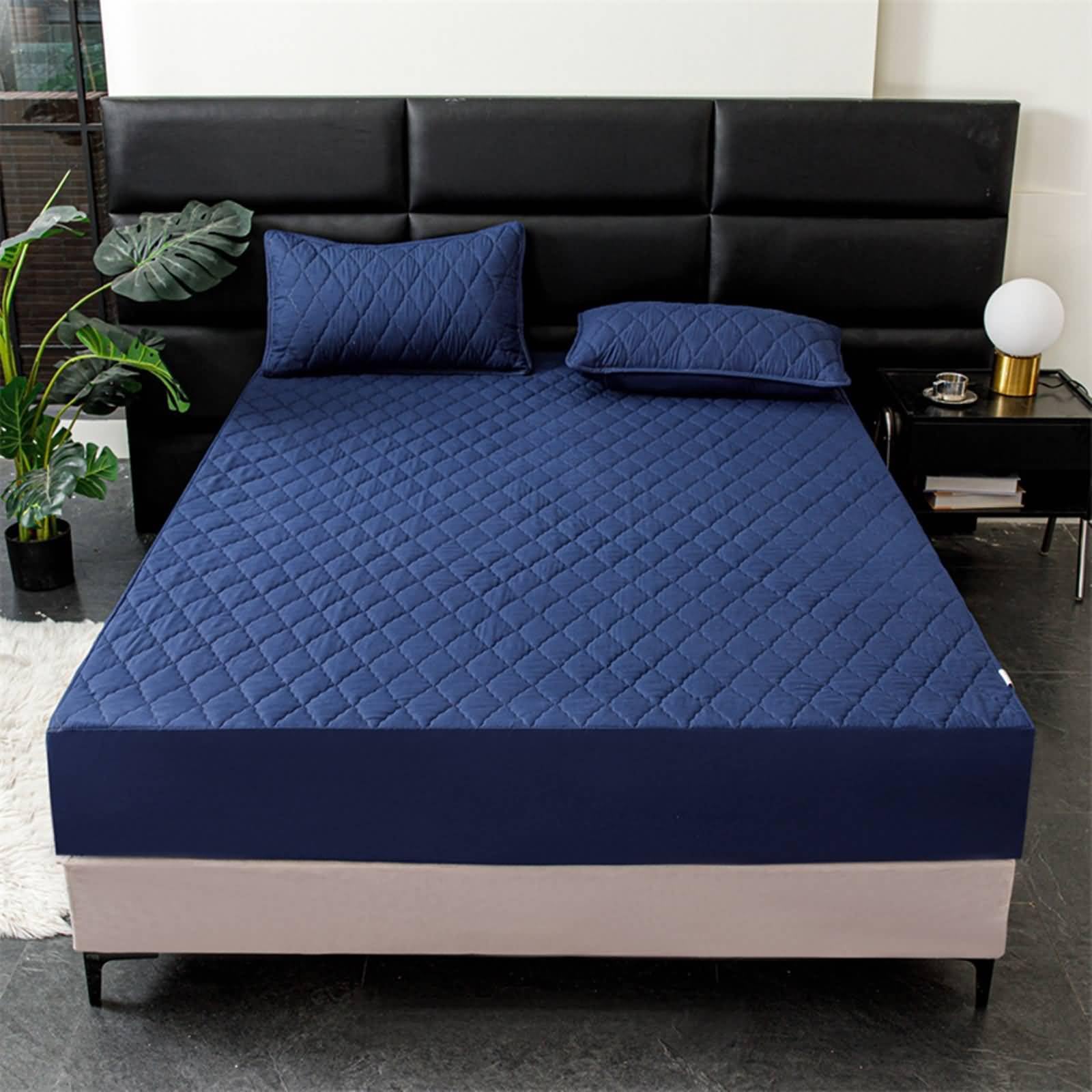 Spannbetttuch Polyester Baumwolle Elastisch, Einfarbig mit Rautenmuster, 140 x 200 cm, Spannbetttuch Blau Marine