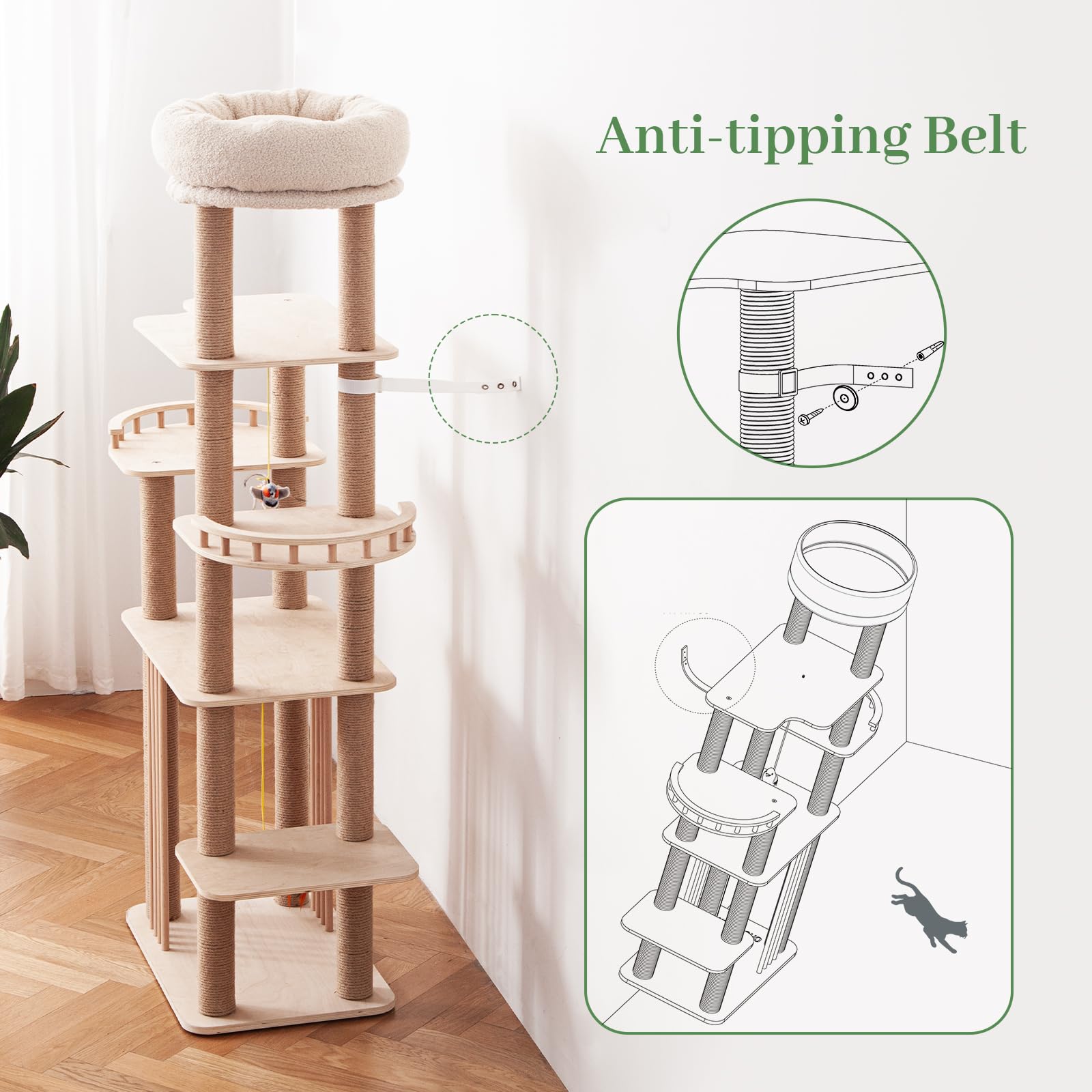 Choc chick Wood Cat Tree for Indoor Cats Large Adult, 68 Inches Tall Multi Level Cat Tower with Scratching Post Sisal-Covered, Modern Cat Tree Plush Cattery Chirping Bird Cat Toy