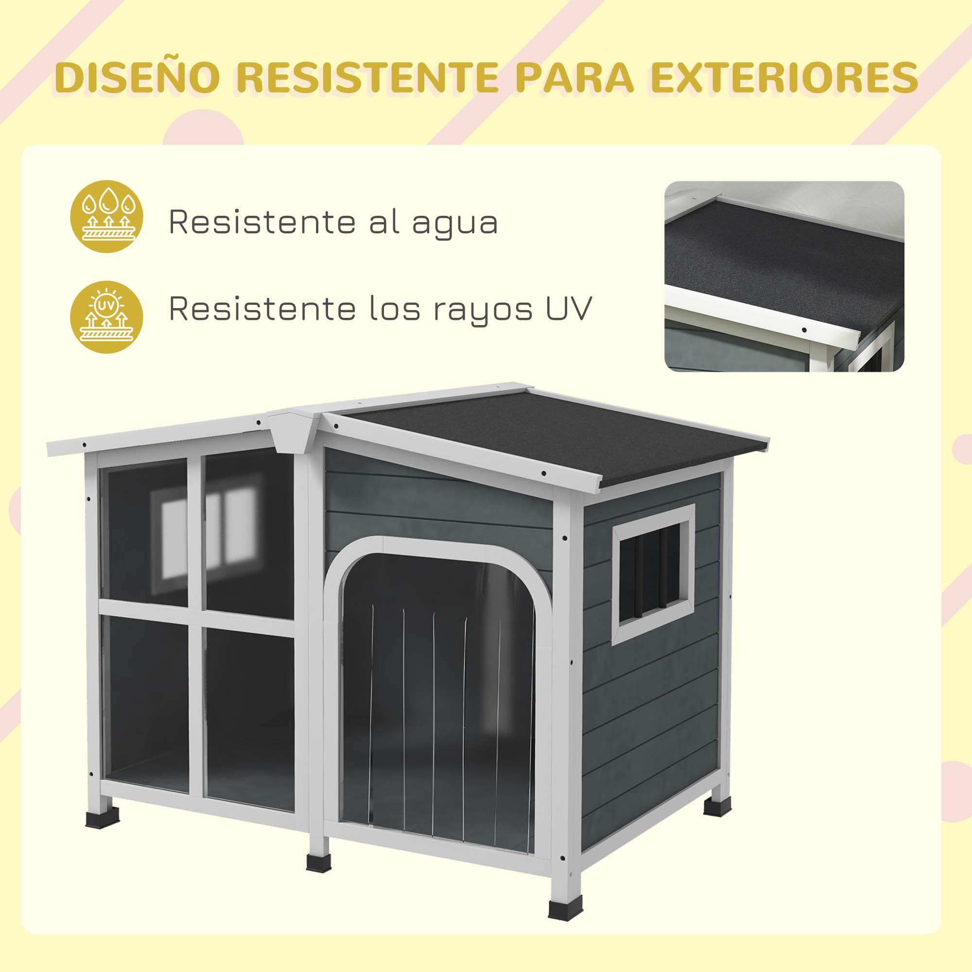 PawHut Caseta para Perros de Madera, Casa para Perros Pequeños, con Techo Abatible, Puerta con Cortina, Fondo Desmontable, y Frontal de Acrílico 101x66,5x70,5 cm Gris Oscuro