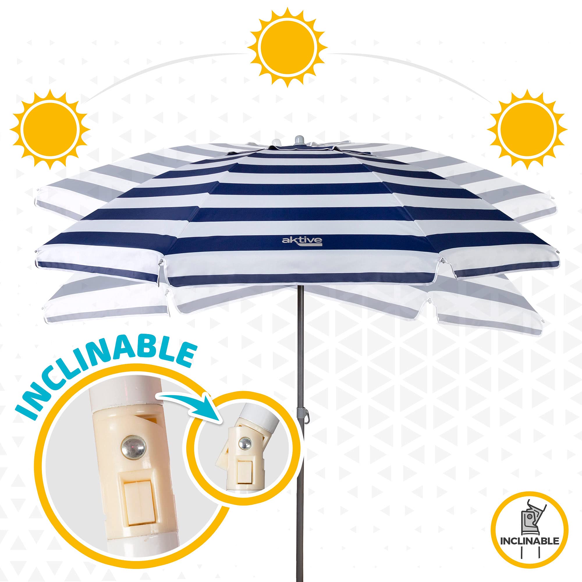 AKTIVE Parasol de Plage, 220 cm, Pare-Soleil Résistant au Vent, Toit de Ventilation, Mât 28-32 mm, Protection UV50, Motif Rayures Sailor, Sac de Rangement Inclus