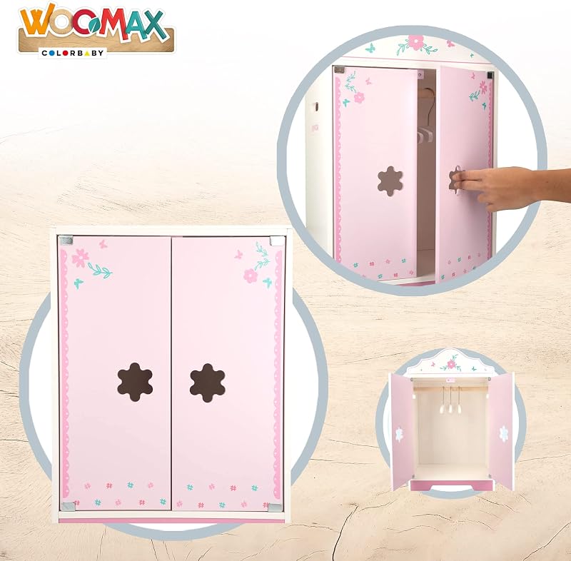 ColorBaby WOOMAX Fa Babaruha Szekrény 3 Akasztóval - Babaházhoz Való Bútor Gyerekeknek 3 Éves Kortól - Fejlesztő Játék