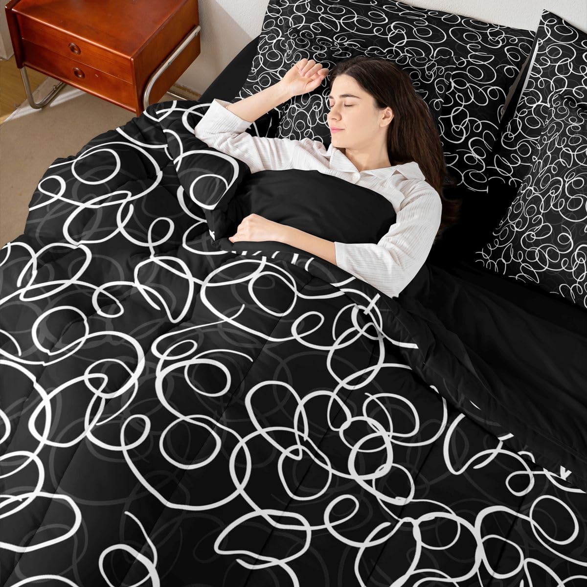 Erosebridal Black White Geometric 7 Piece Comforter Set Queen Abstract Line Modern Art Bedding Set for Kids Teens Boys Chic Swirls Bed in A Bag Texture Artwork Sheet Set Bedroom Decor