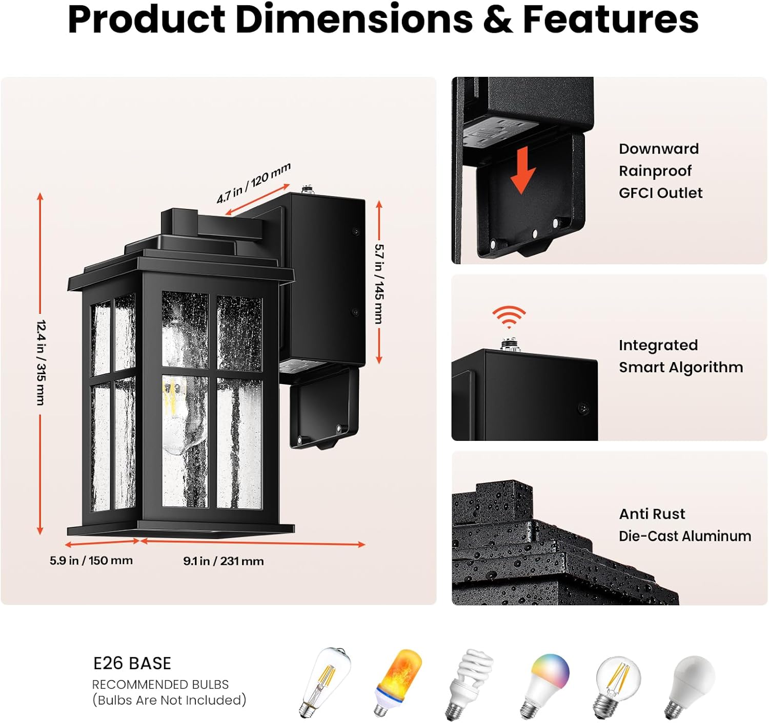 Gleamz Black Porch Lights Outdoor with GFCI Outlet, Modern Dusk to Dawn Outdoor Garage Lighting Fixtures Wall Mount, Anti-Rust Exterior Wall Sconce Lantern for House Coach, Outside Lights with Outlet