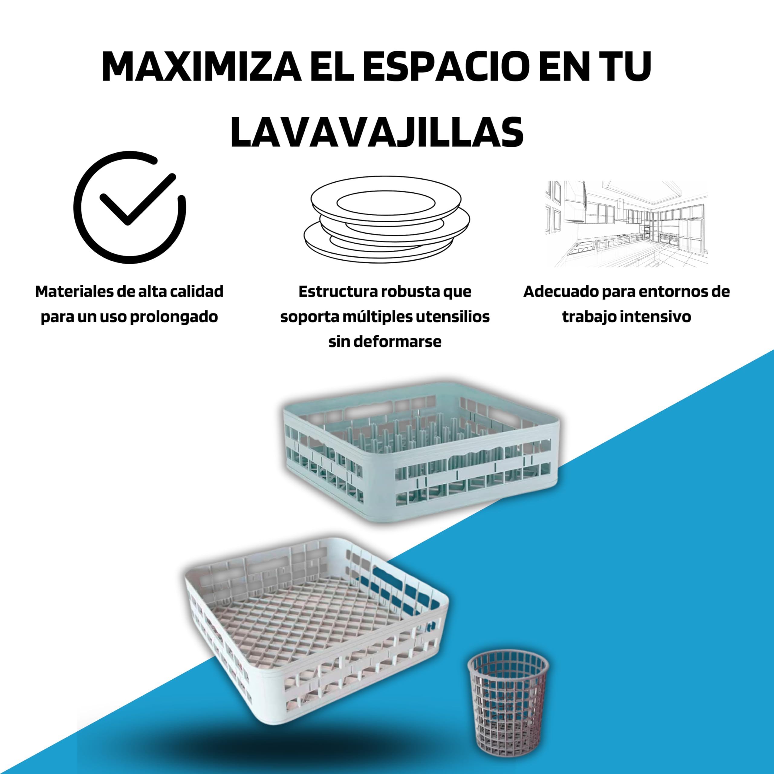 Kit De 2 Cestas De Lavado + 1 Cubilete Para Cubiertos - Lavavajillas Industrial Hosteleria, Cesta Lavavajillas, Lavavasos Industrial Hosteleria, Higiénico, Apilable, Dimensiones: 40x40x12 Cms
