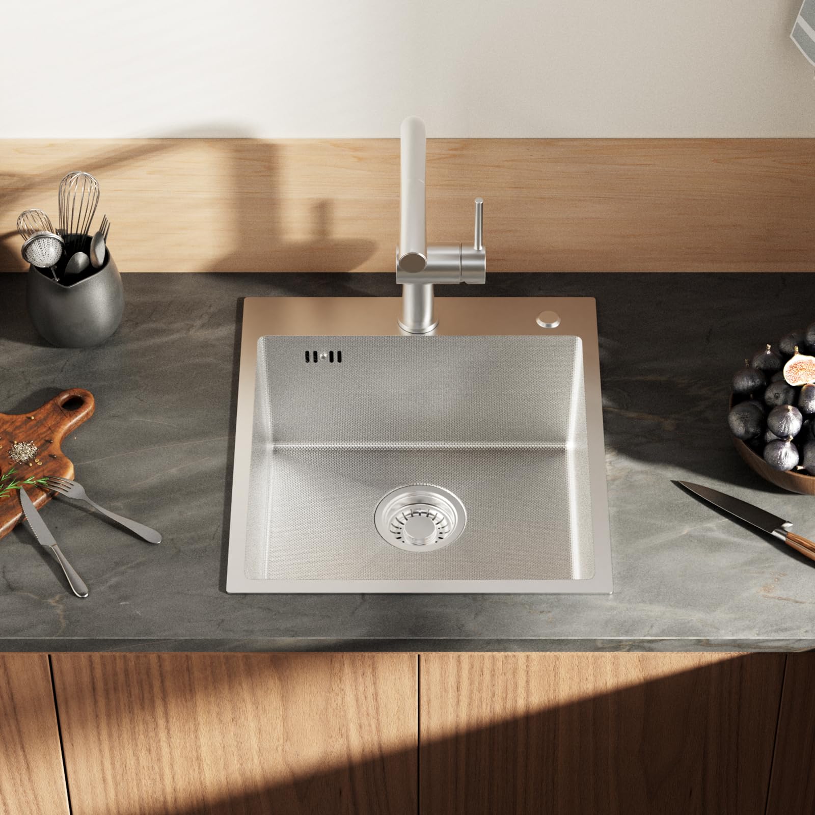 CECIPA 44x49 cm Lavello Cucina 1 Vasca in Acciaio Inox con Foro, Lavandino Cucina 1 Vasca per Mobile da 45cm, Lavello da Incasso o Banco con Sifone e Scarico