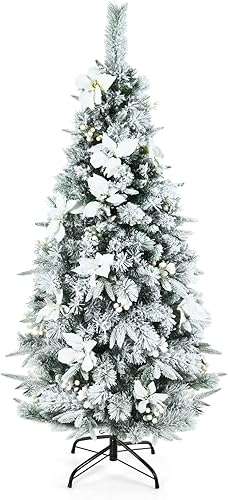 Happygrill Árbol de Navidad artificial de 5 pies con bisagras y 339 puntas de ramas, árbol de Navidad delgado con bayas blancas y flores, árbol de