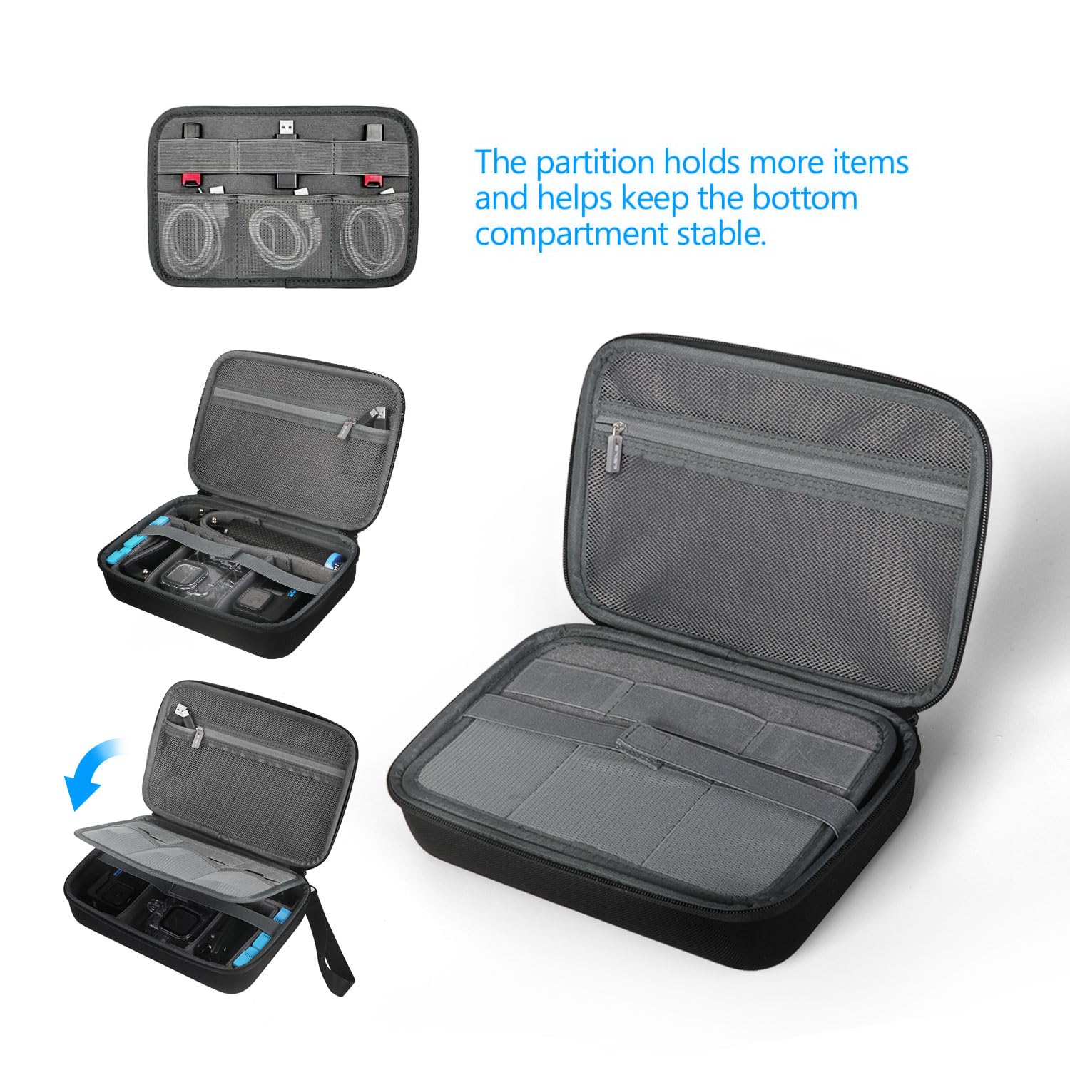 JSVER Borsa per GoPro, Custodia per il Trasporto per GoPro Hero 13/12/11/10/9, Custodia Protettiva per AKASO EK7000 Pro/Brave 4/Brave7 LE/AKASO V50X/Insta360 per Tutte le Action cam e Accessori-Nero