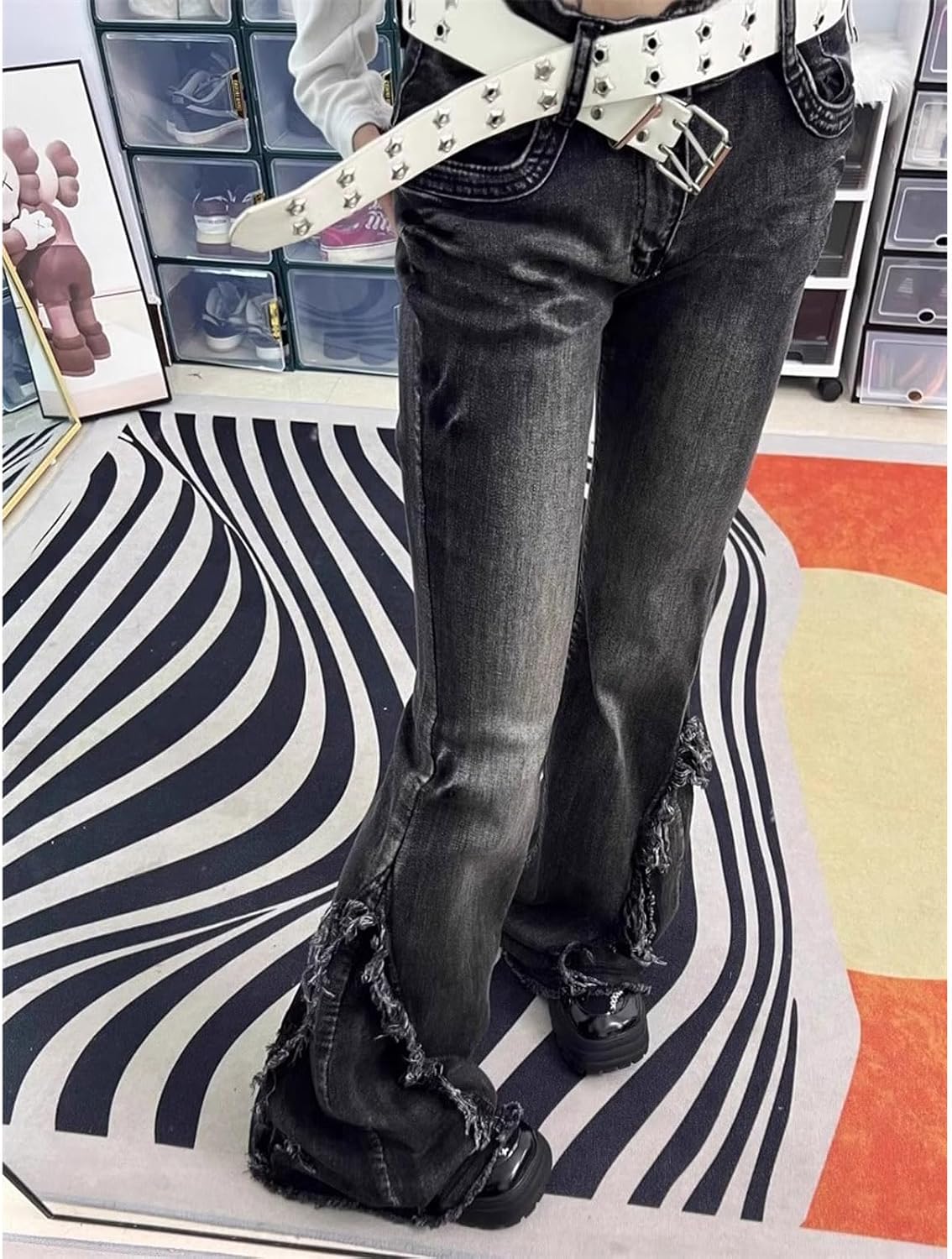 Ladies' Y2K Style Flared Jeans, Gothic Vintage Style, raw Edges, Low-Waisted, Trashy Style Pants - Image 7